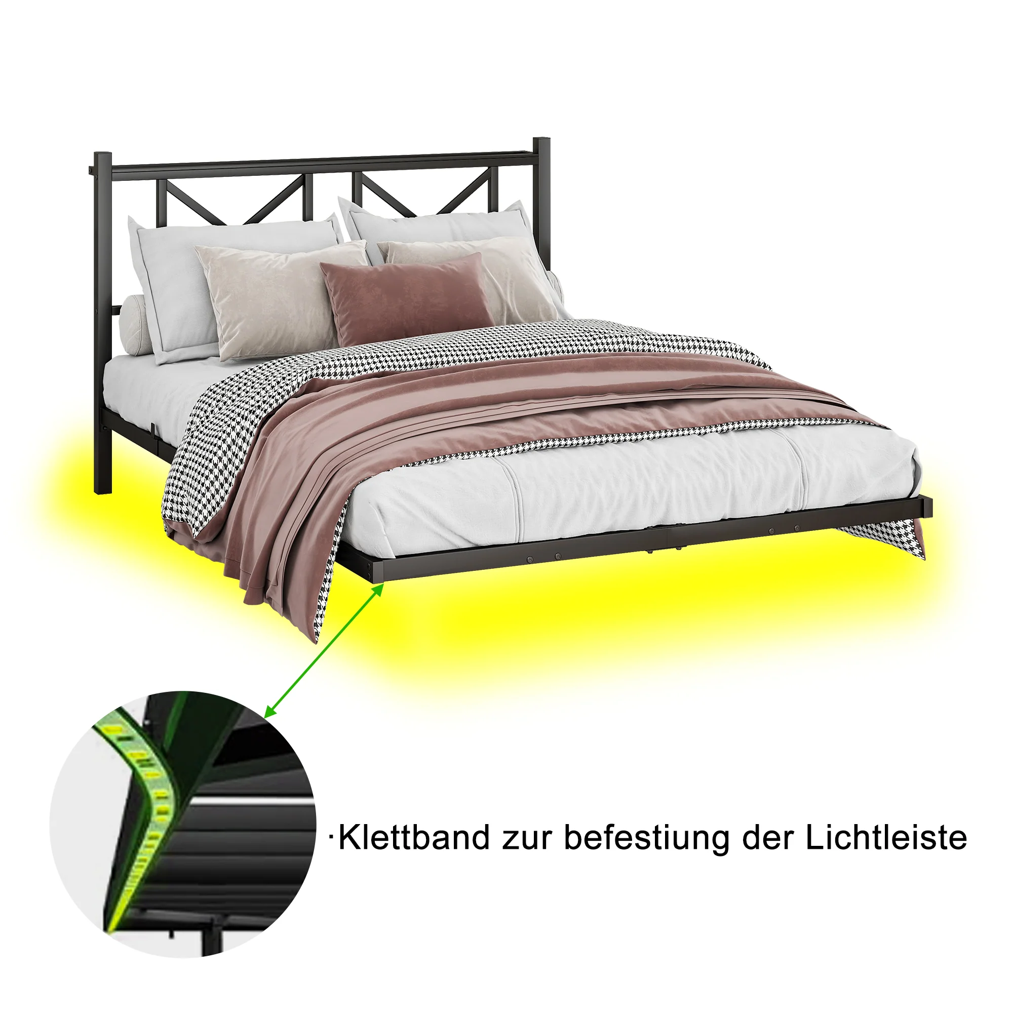 Double Bed Frame 140x200cm Floating LED Charging Station - Metal - Image 5