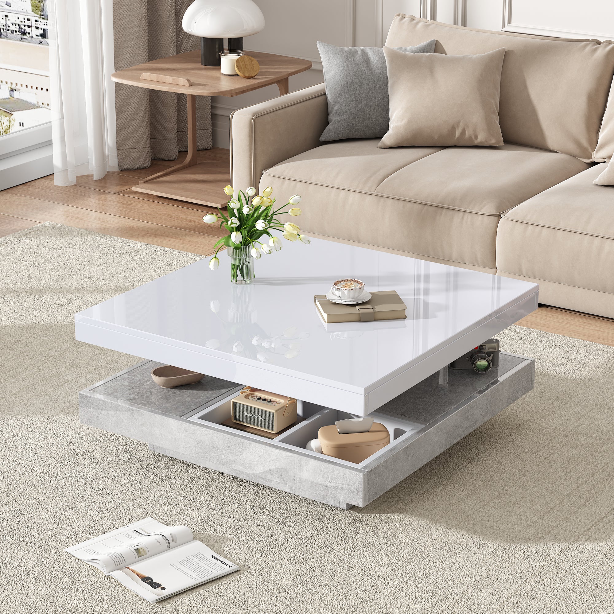 Double Coffee Table, High-Gloss 360° Swivel Top with Storage, White Marble - Image 2