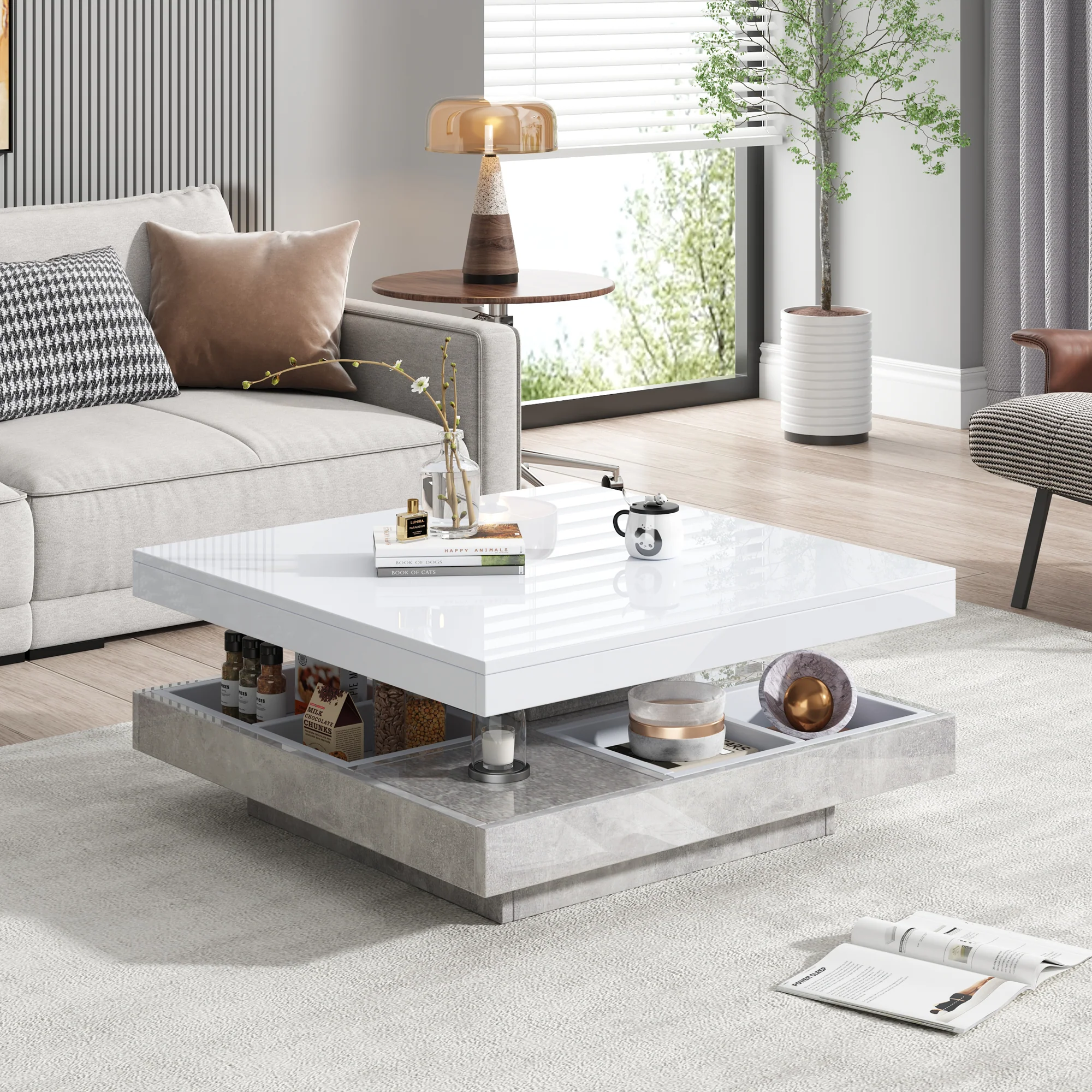Double Coffee Table, High-Gloss 360° Swivel Top with Storage, White Marble - Image 3