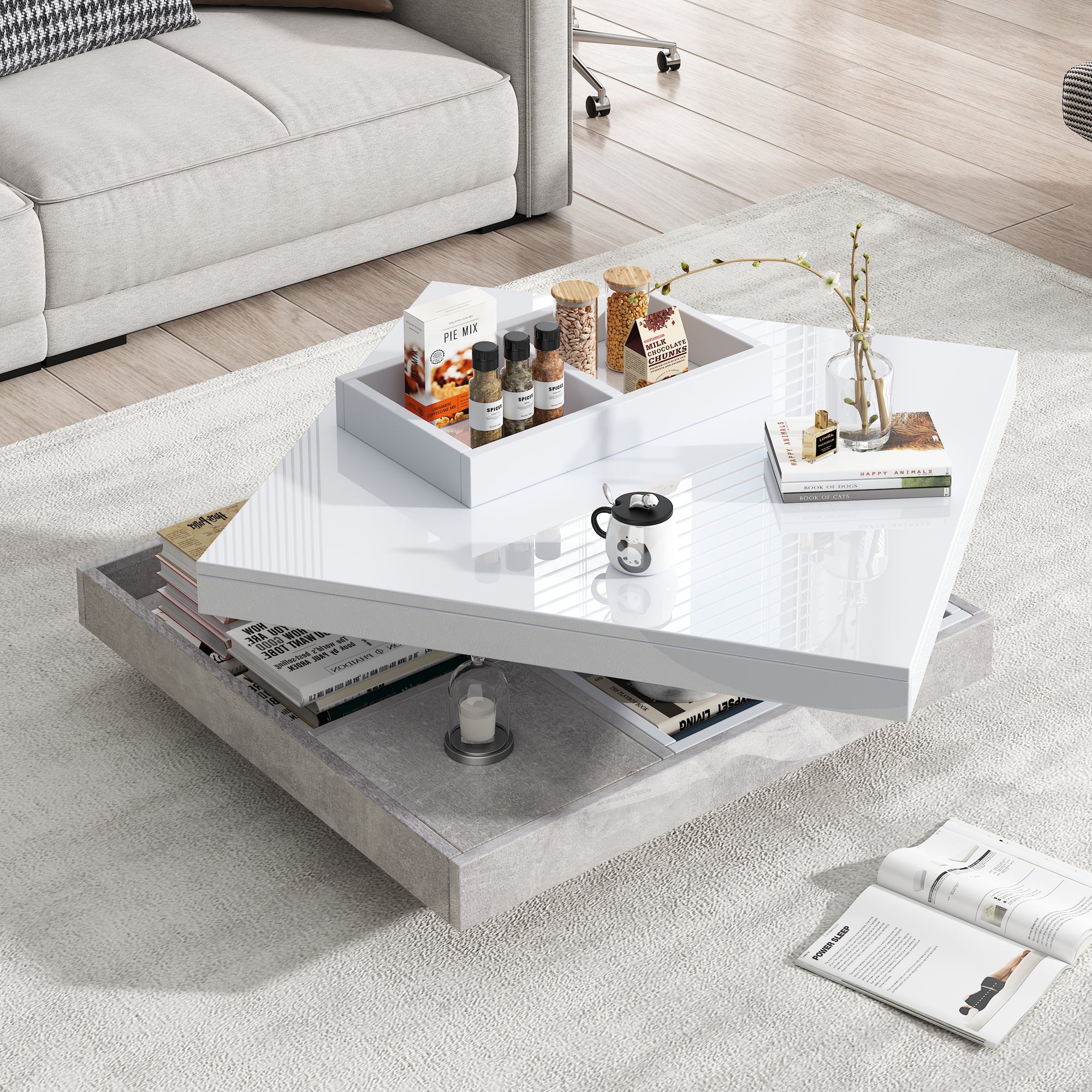 Double Coffee Table, High-Gloss 360° Swivel Top with Storage, White Marble - Image 4