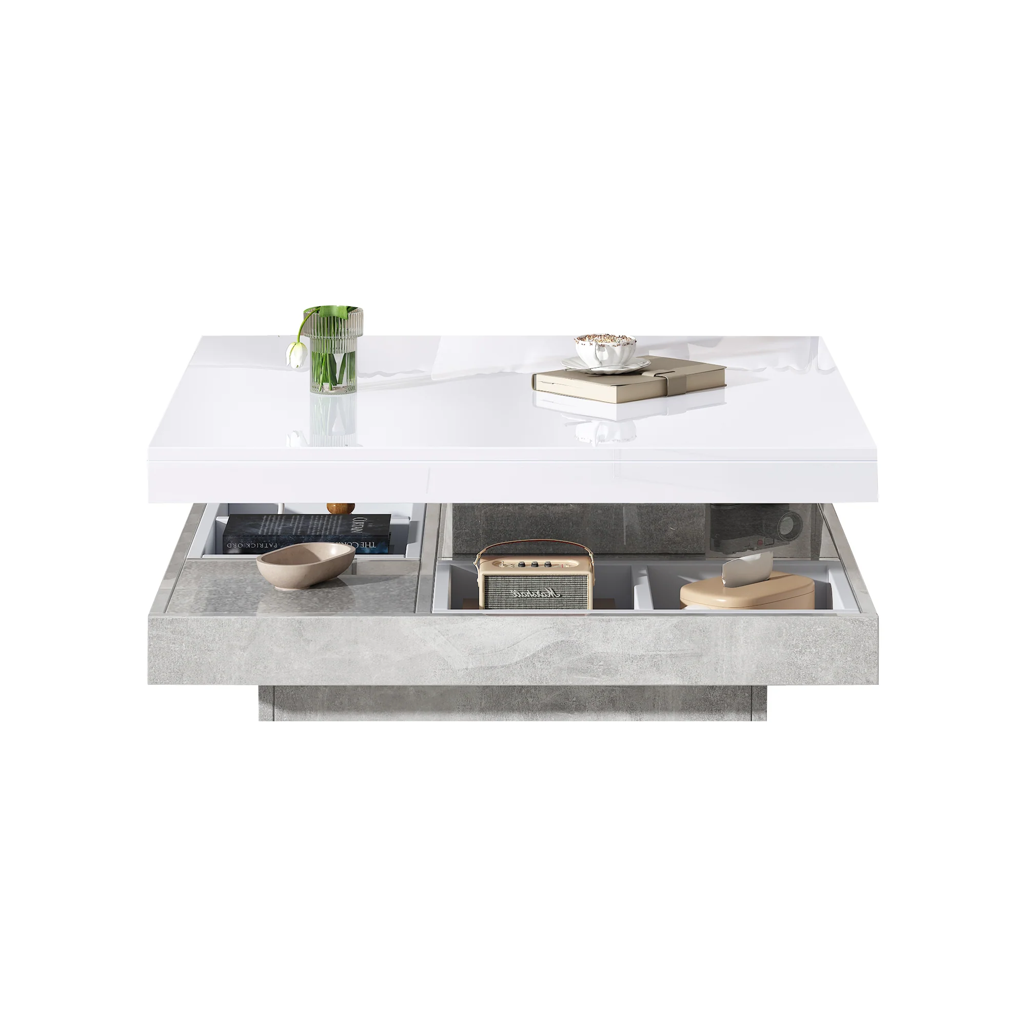Double Coffee Table, High-Gloss 360° Swivel Top with Storage, White Marble - Image 8