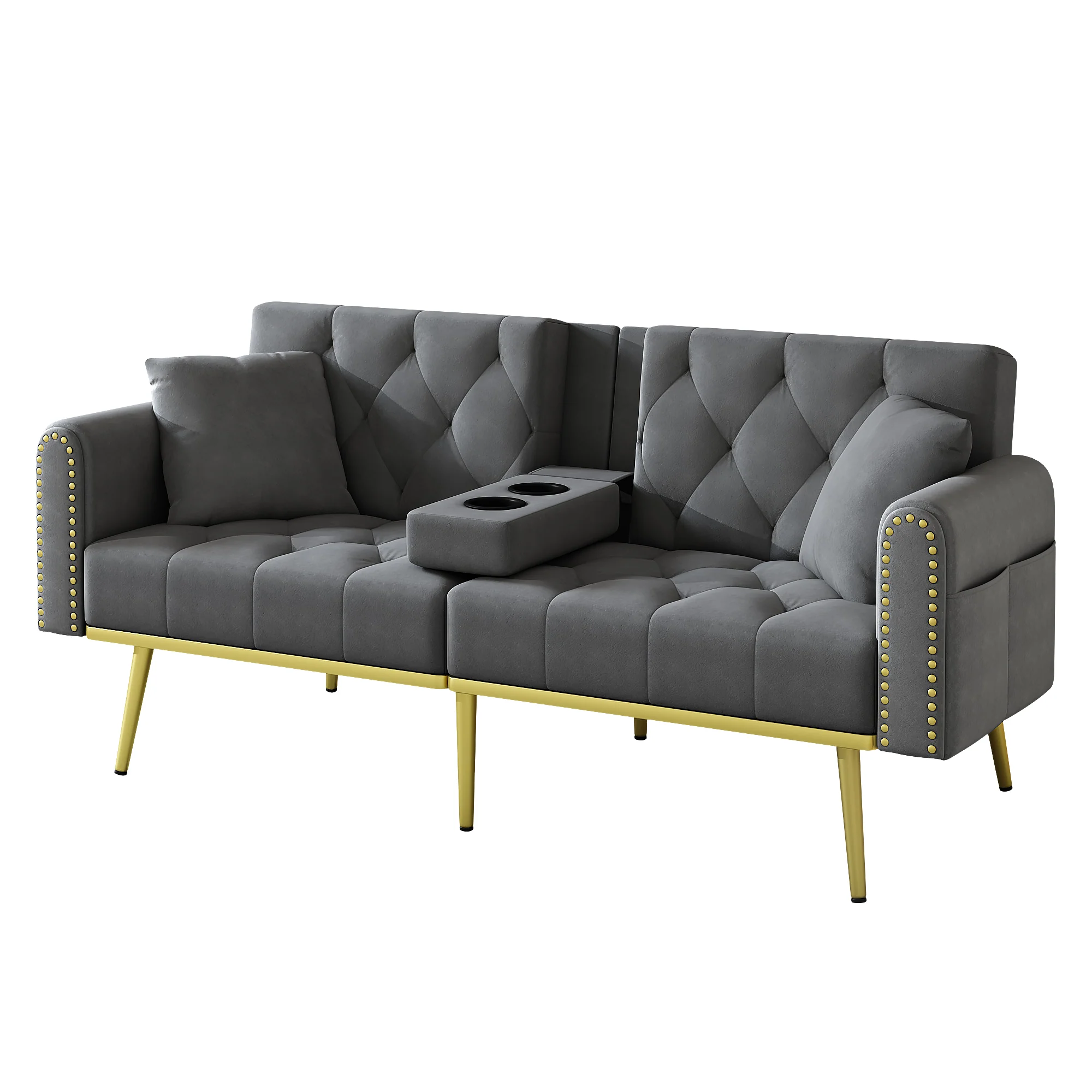 Double Fold-Out Sofa Bed Reclining 3-Position with Cup Holders Fabric Gray - Image 10