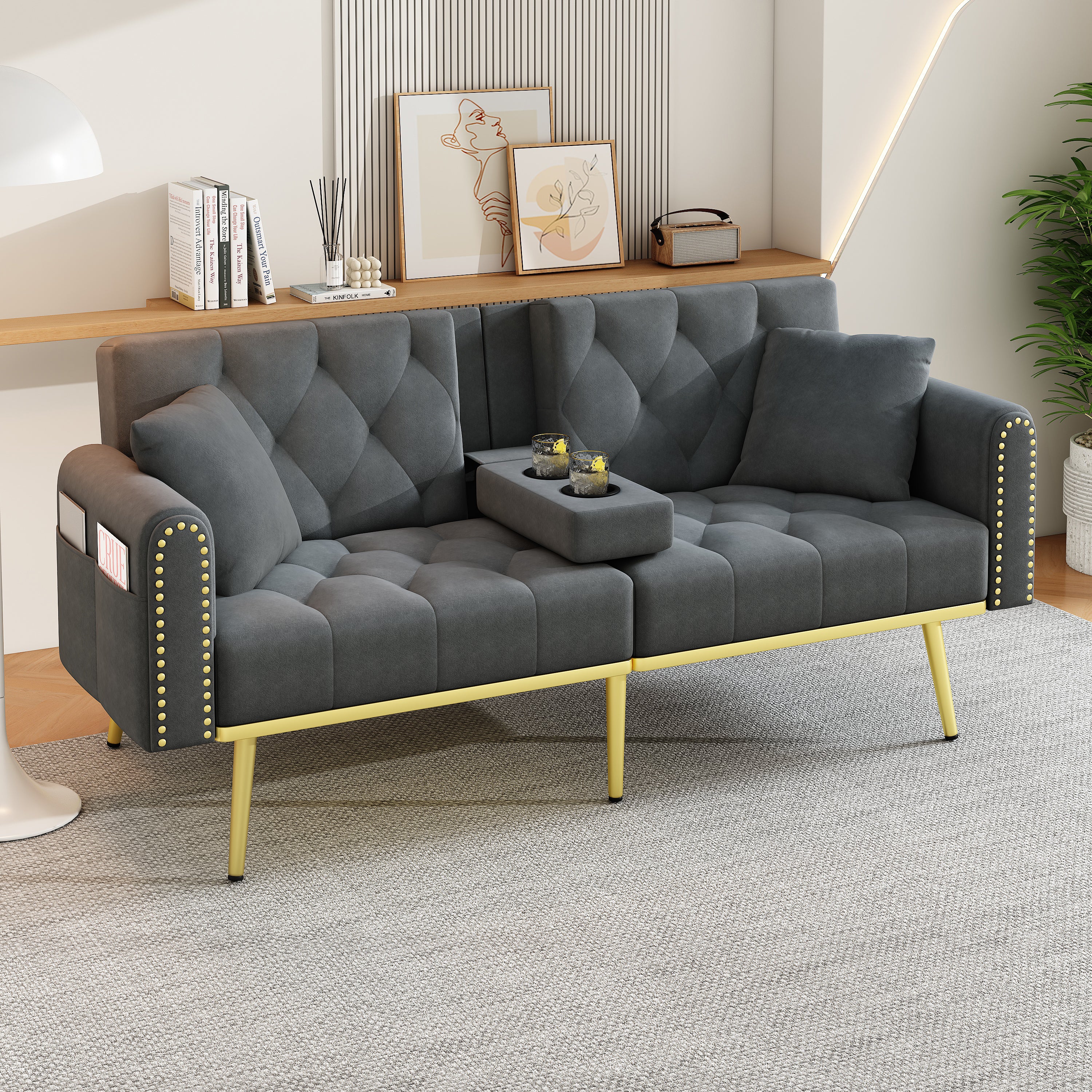 Double Fold-Out Sofa Bed Reclining 3-Position with Cup Holders Fabric Gray - Image 2