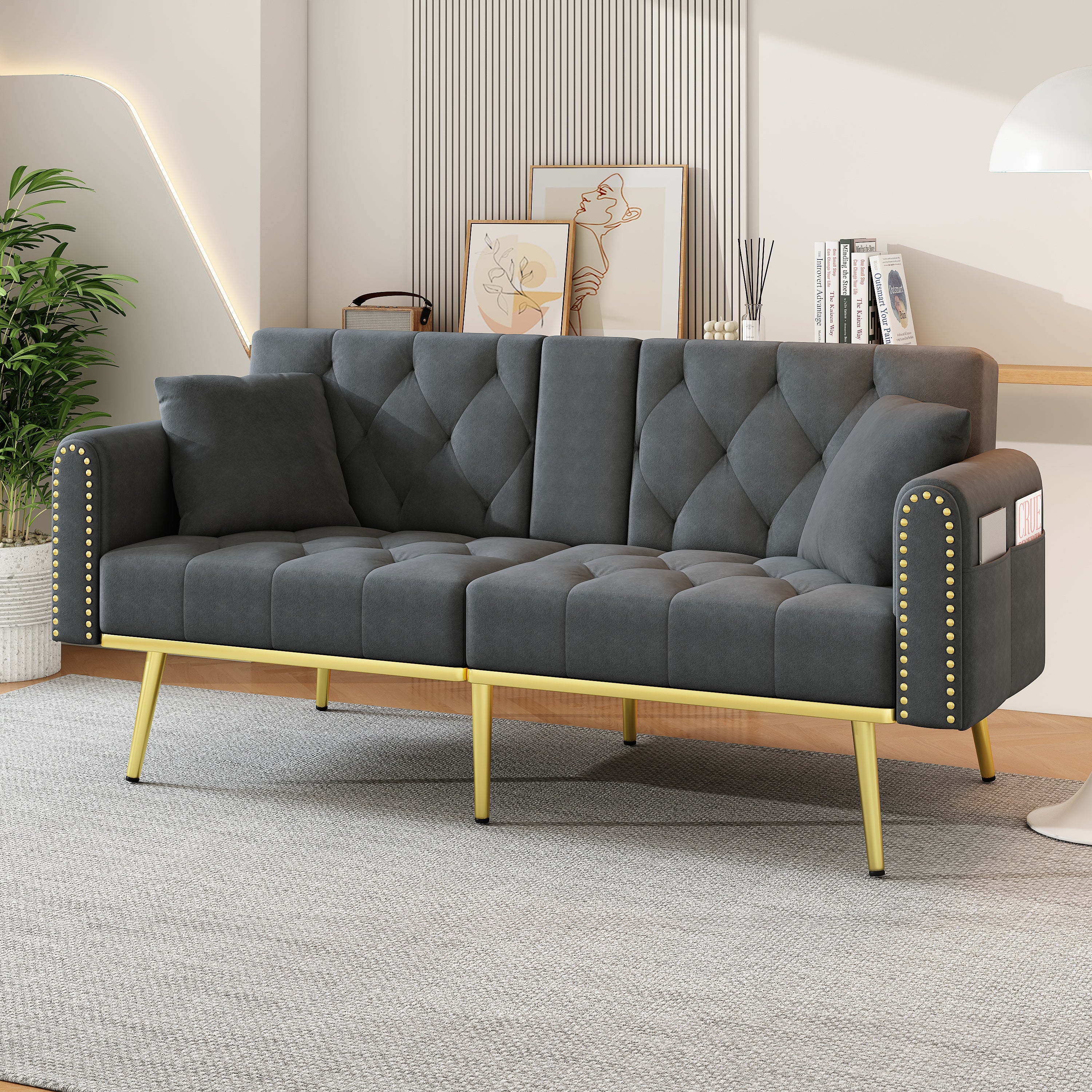 Double Fold-Out Sofa Bed Reclining 3-Position with Cup Holders Fabric Gray - Image 3