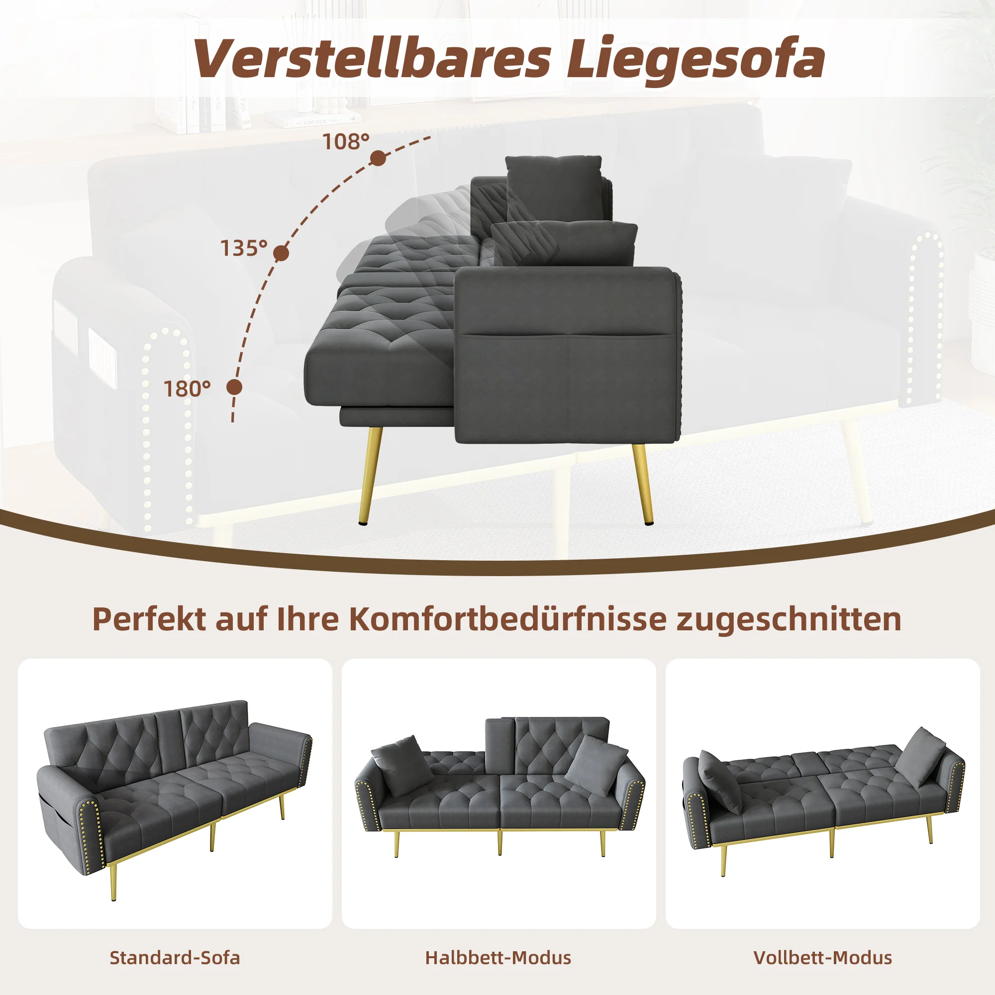 Double Fold-Out Sofa Bed Reclining 3-Position with Cup Holders Fabric Gray - Image 4