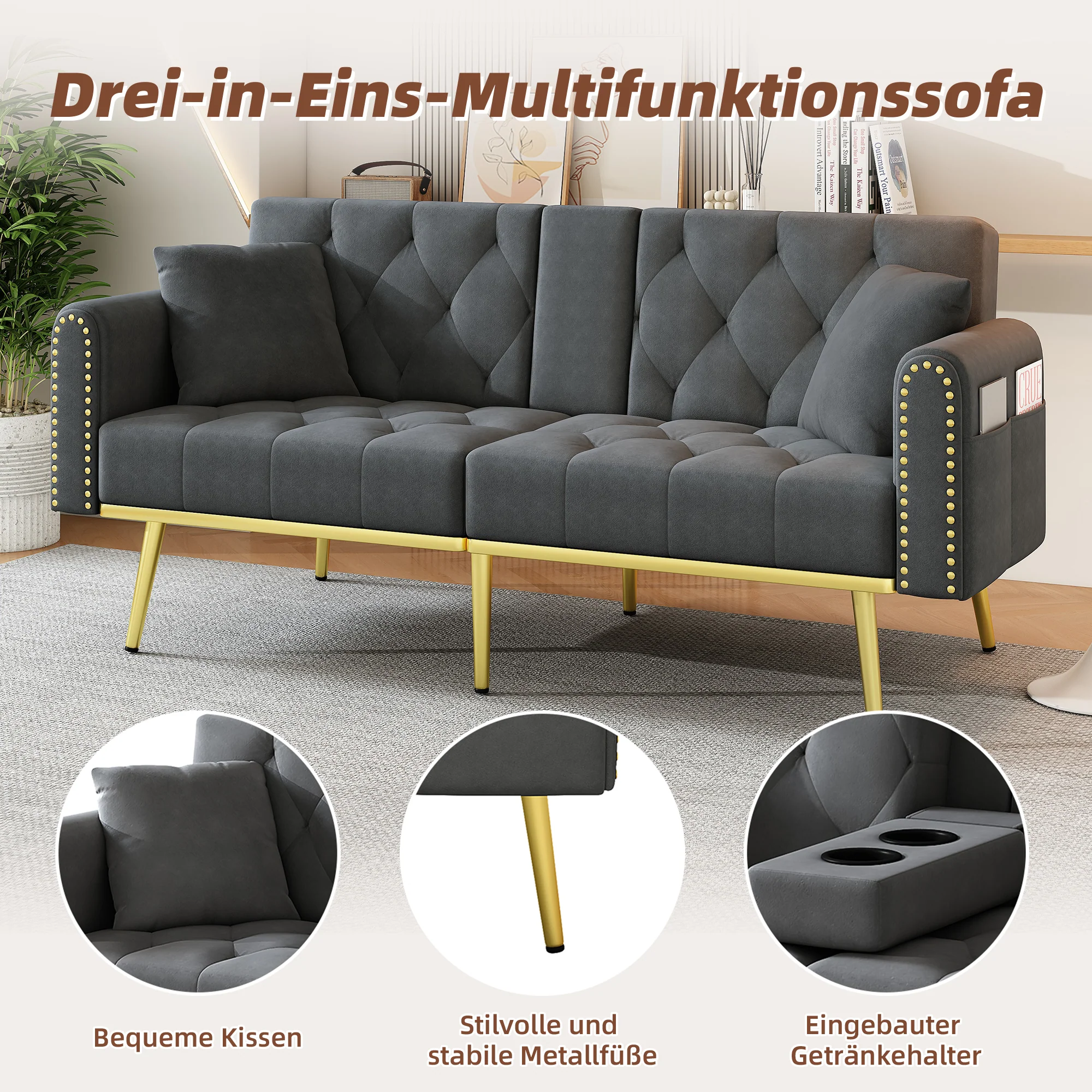 Double Fold-Out Sofa Bed Reclining 3-Position with Cup Holders Fabric Gray - Image 5