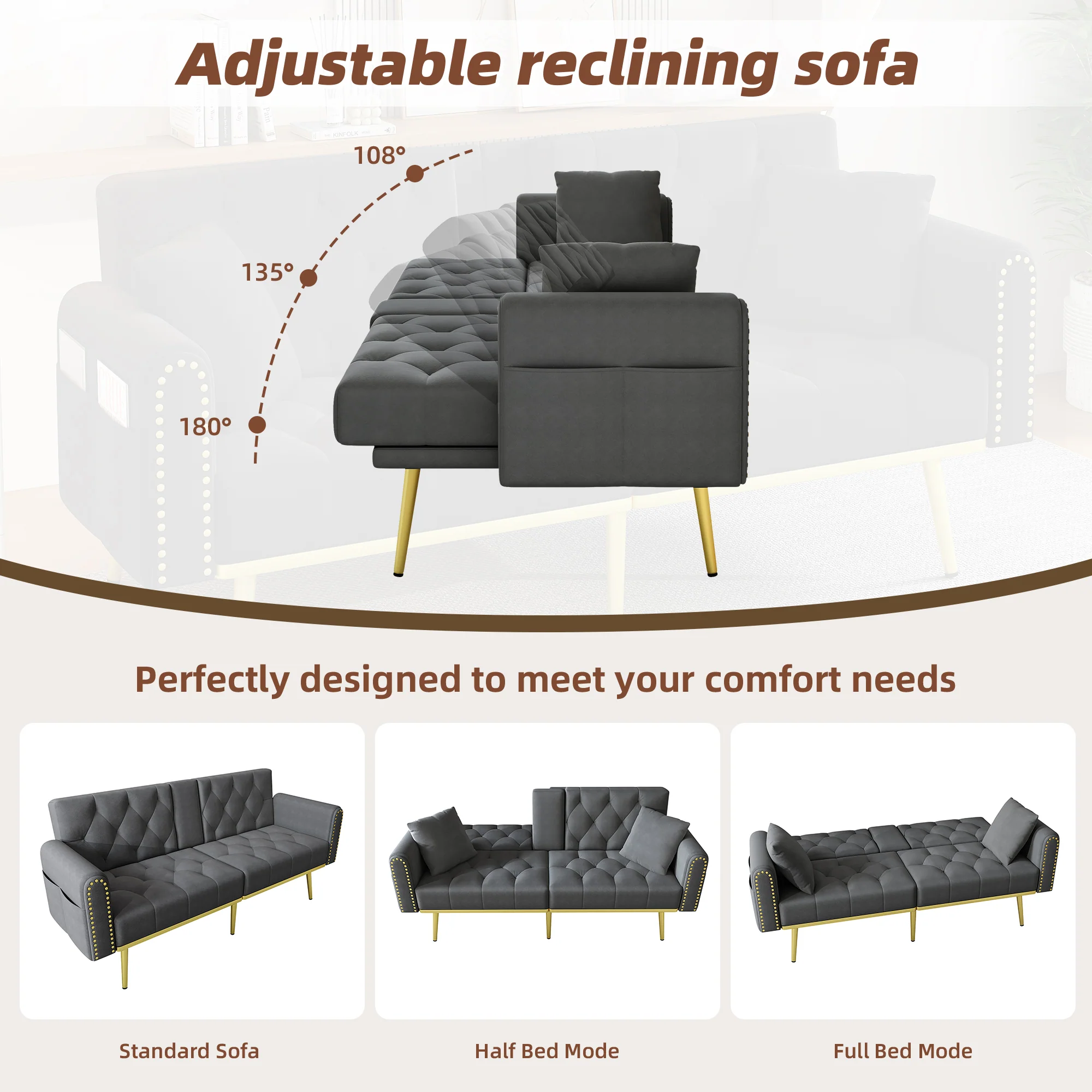 Double Fold-Out Sofa Bed Reclining 3-Position with Cup Holders Fabric Gray - Image 6