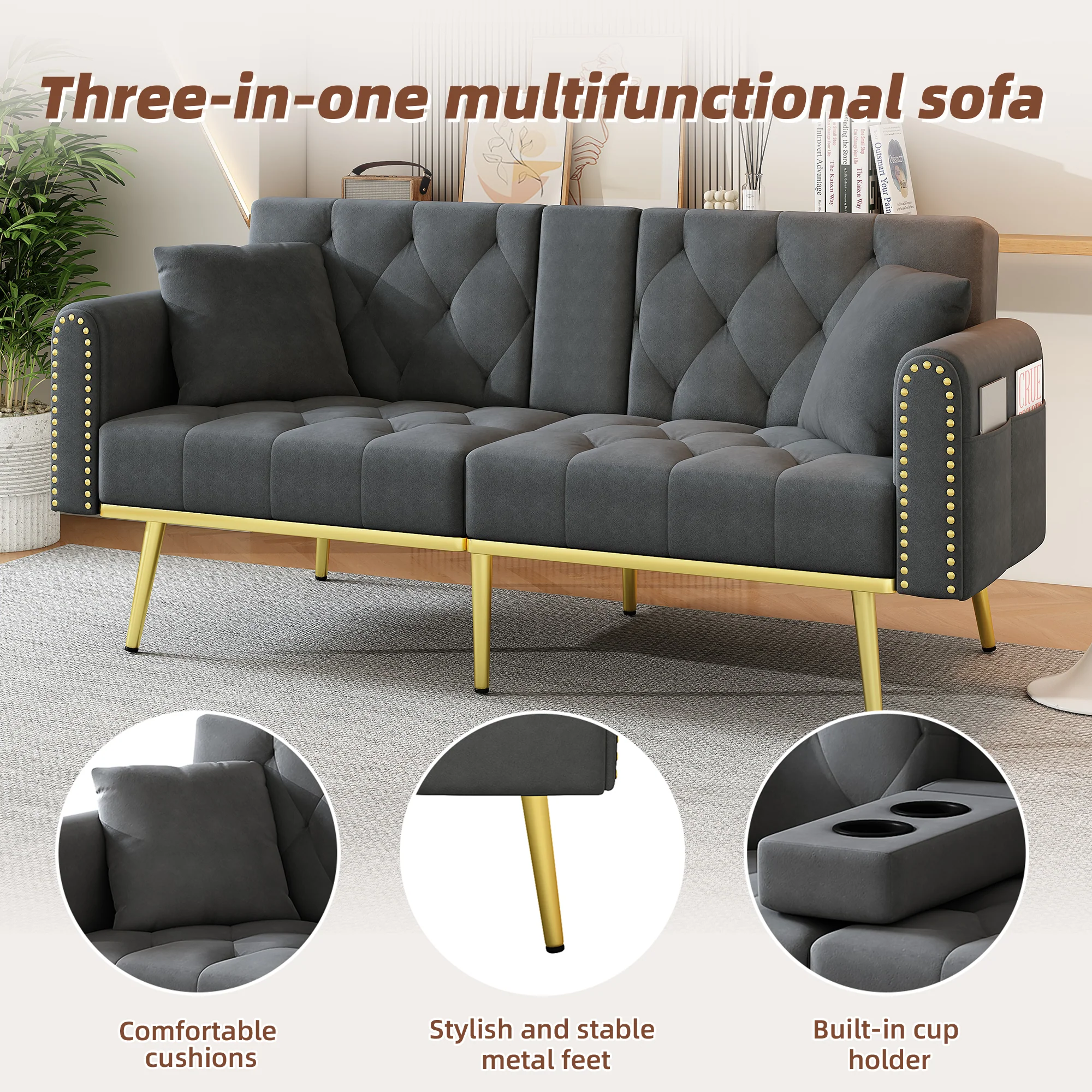 Double Fold-Out Sofa Bed Reclining 3-Position with Cup Holders Fabric Gray - Image 7