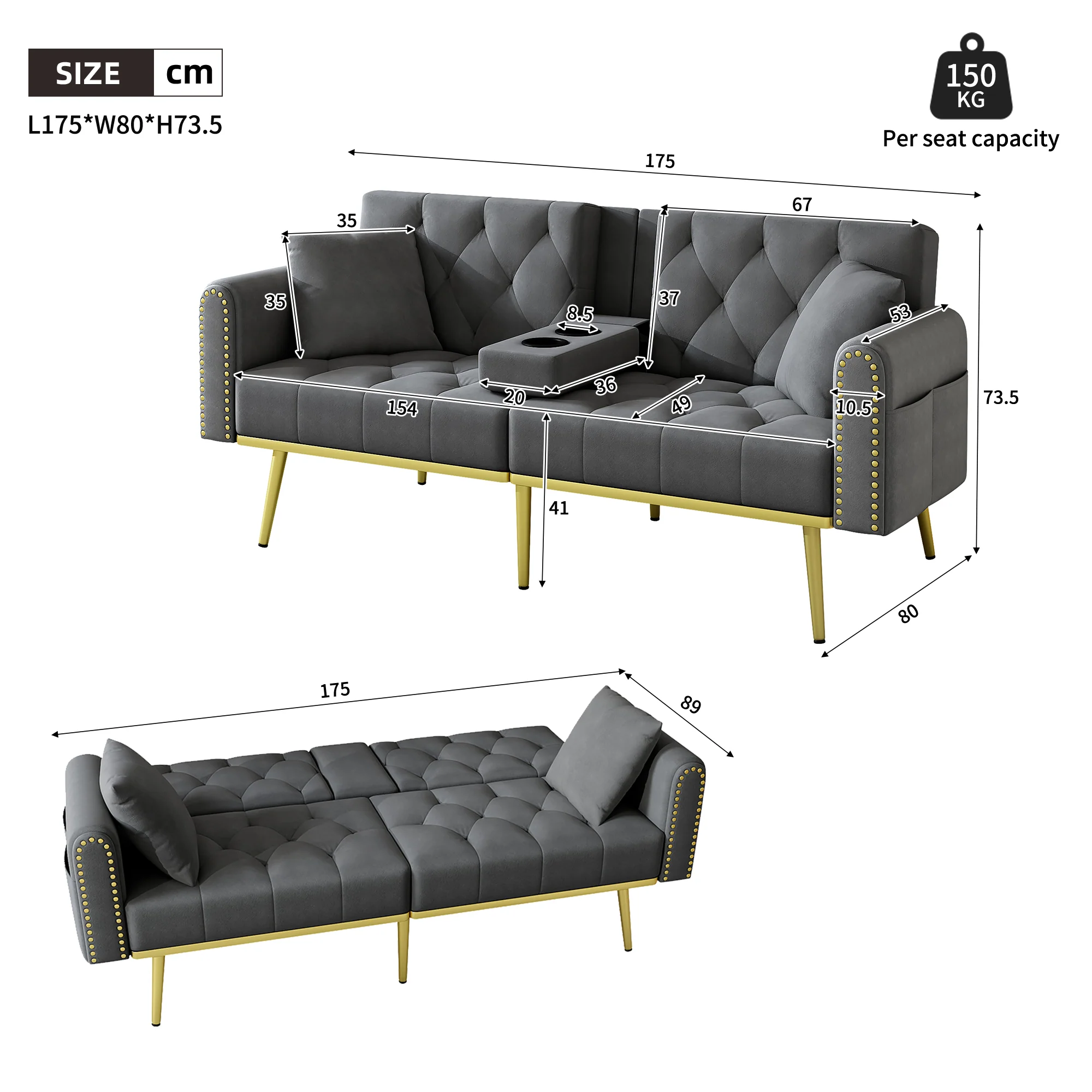 Double Fold-Out Sofa Bed Reclining 3-Position with Cup Holders Fabric Gray - Image 8