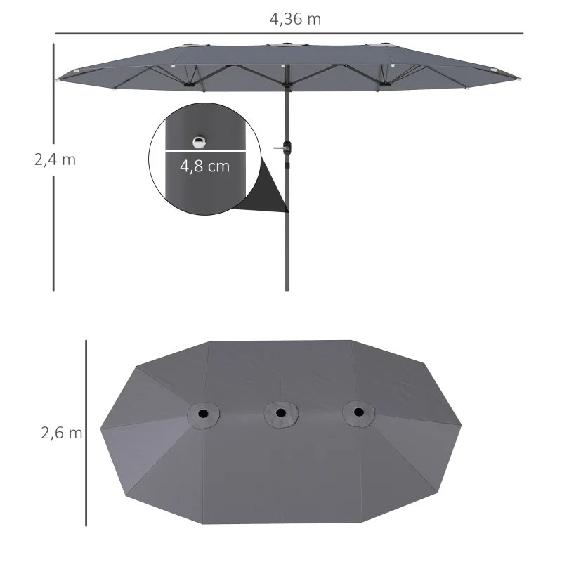 Double Parasol 436x260cm UV Protection Steel Hand Crank Windproof, Dark Grey - Image 3