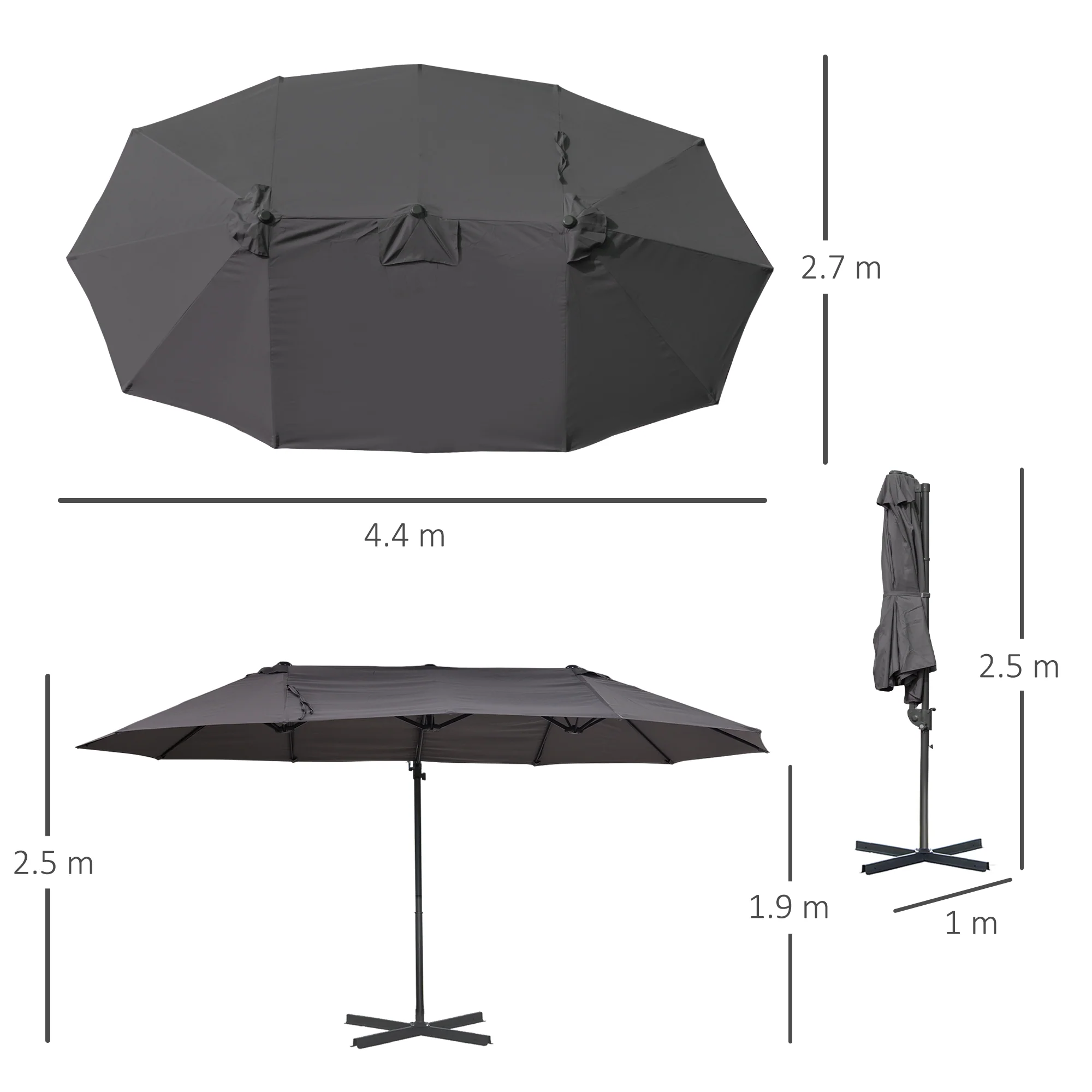 Double Parasol Cantilever Adjustable Garden Sun Protection, Metal Dark Grey - Image 3