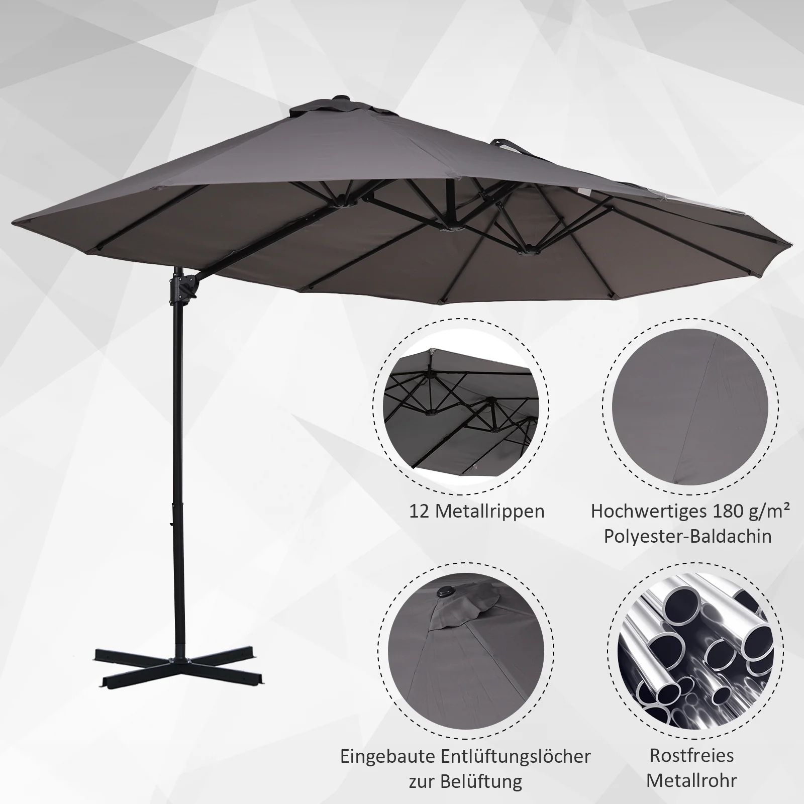 Double Parasol Cantilever Adjustable Garden Sun Protection, Metal Dark Grey - Image 6