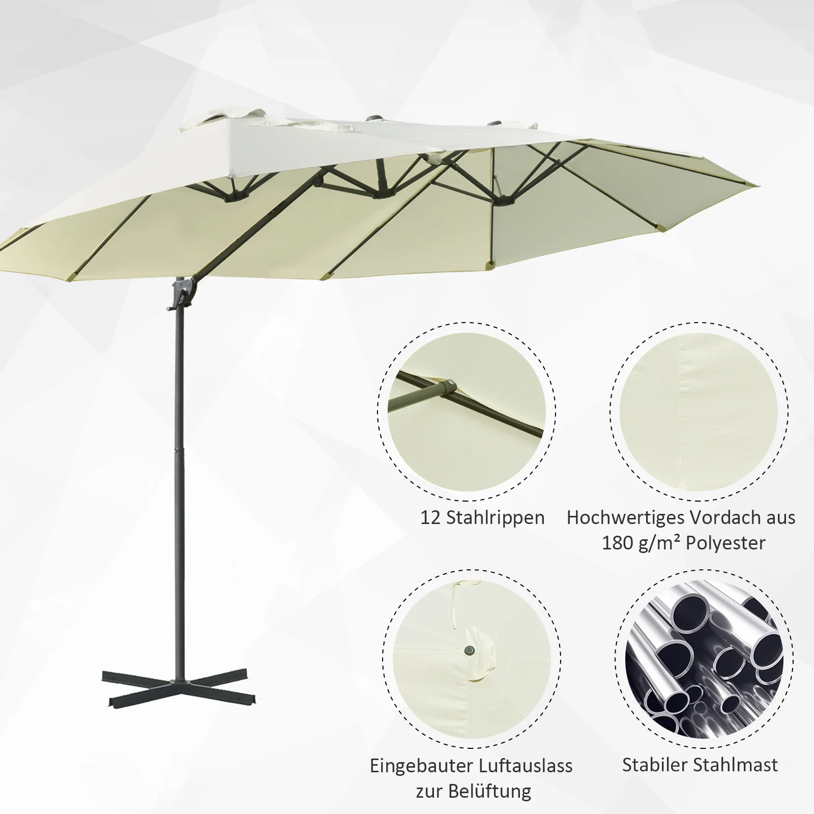 Double Parasol Cantilever Sun Protection Adjustable Crank Metal Cream White - Image 5