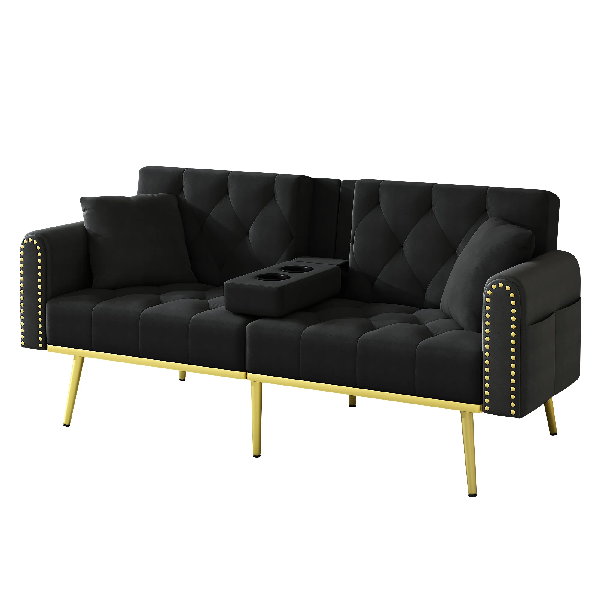 Double Sofa Bed Reclining 3 Angles Cup Holders - Fabric Black - Image 10