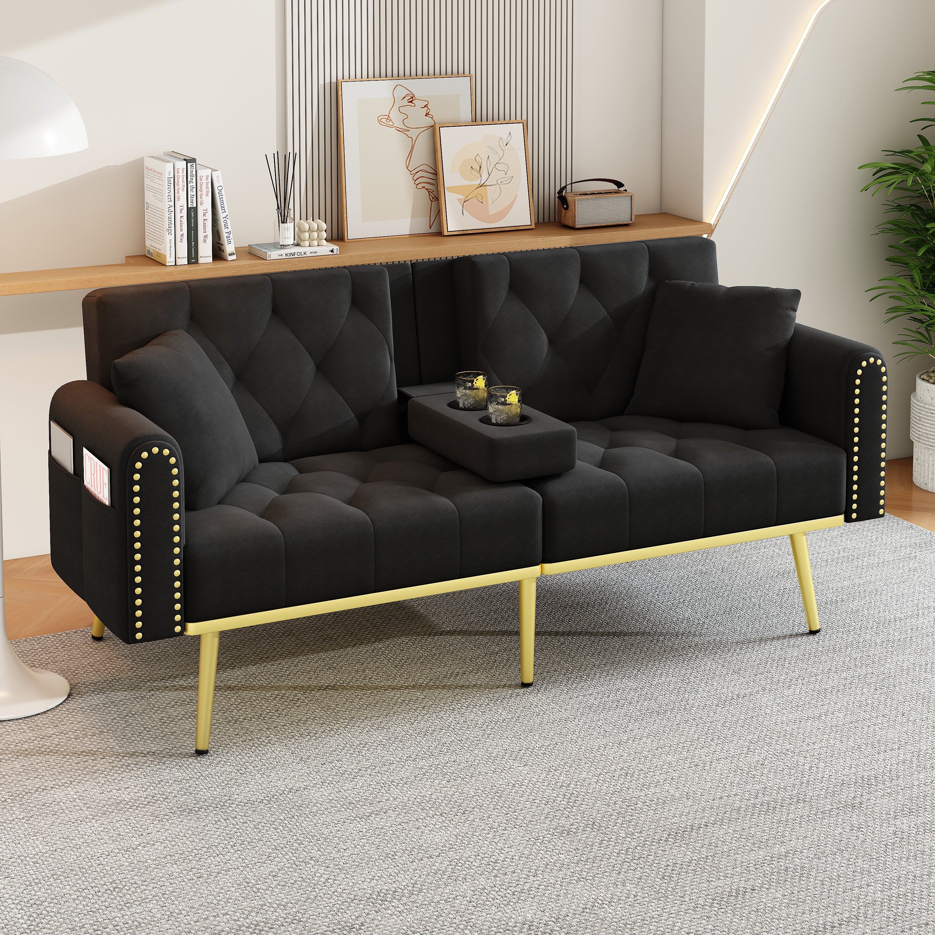 Double Sofa Bed Reclining 3 Angles Cup Holders - Fabric Black - Image 2