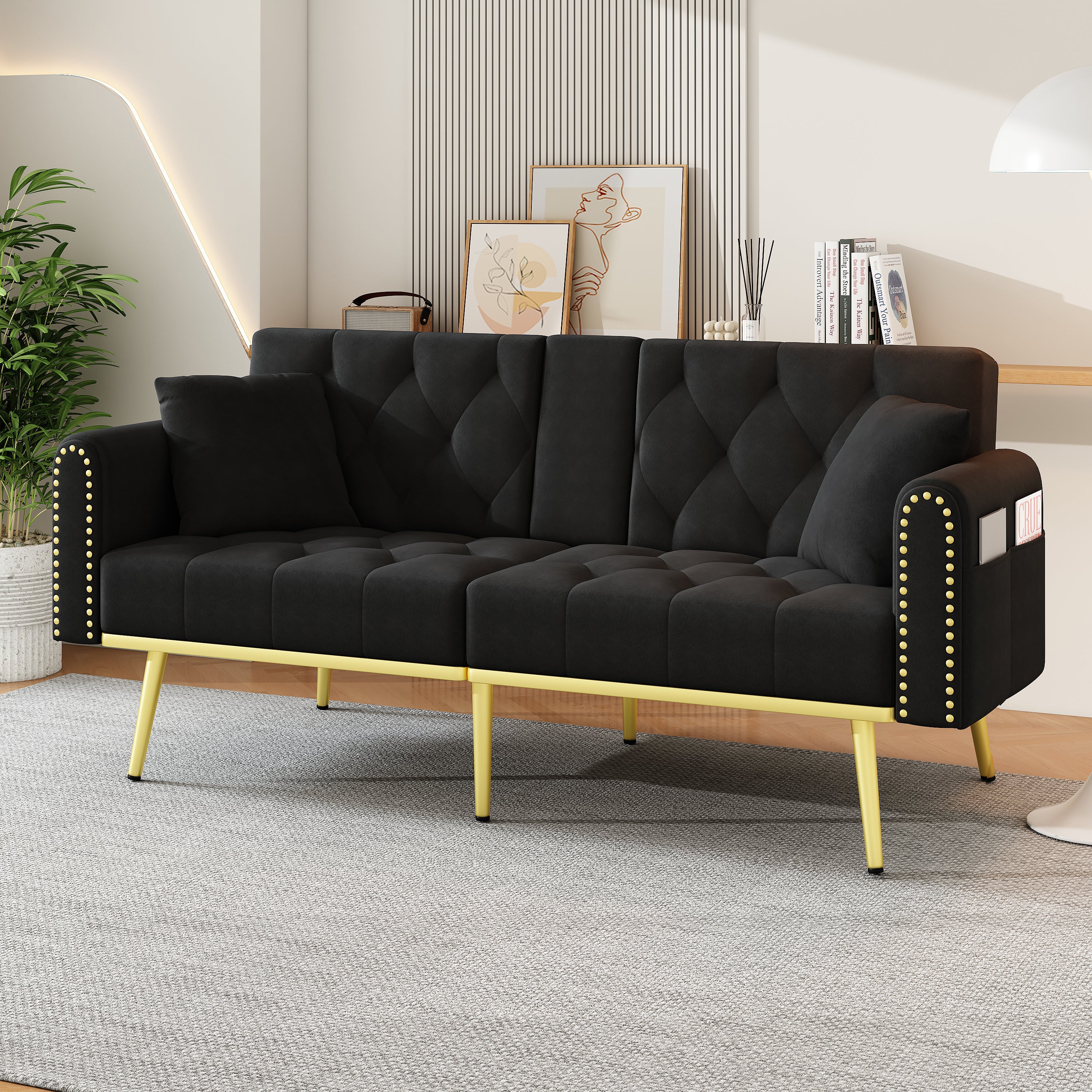 Double Sofa Bed Reclining 3 Angles Cup Holders - Fabric Black - Image 3