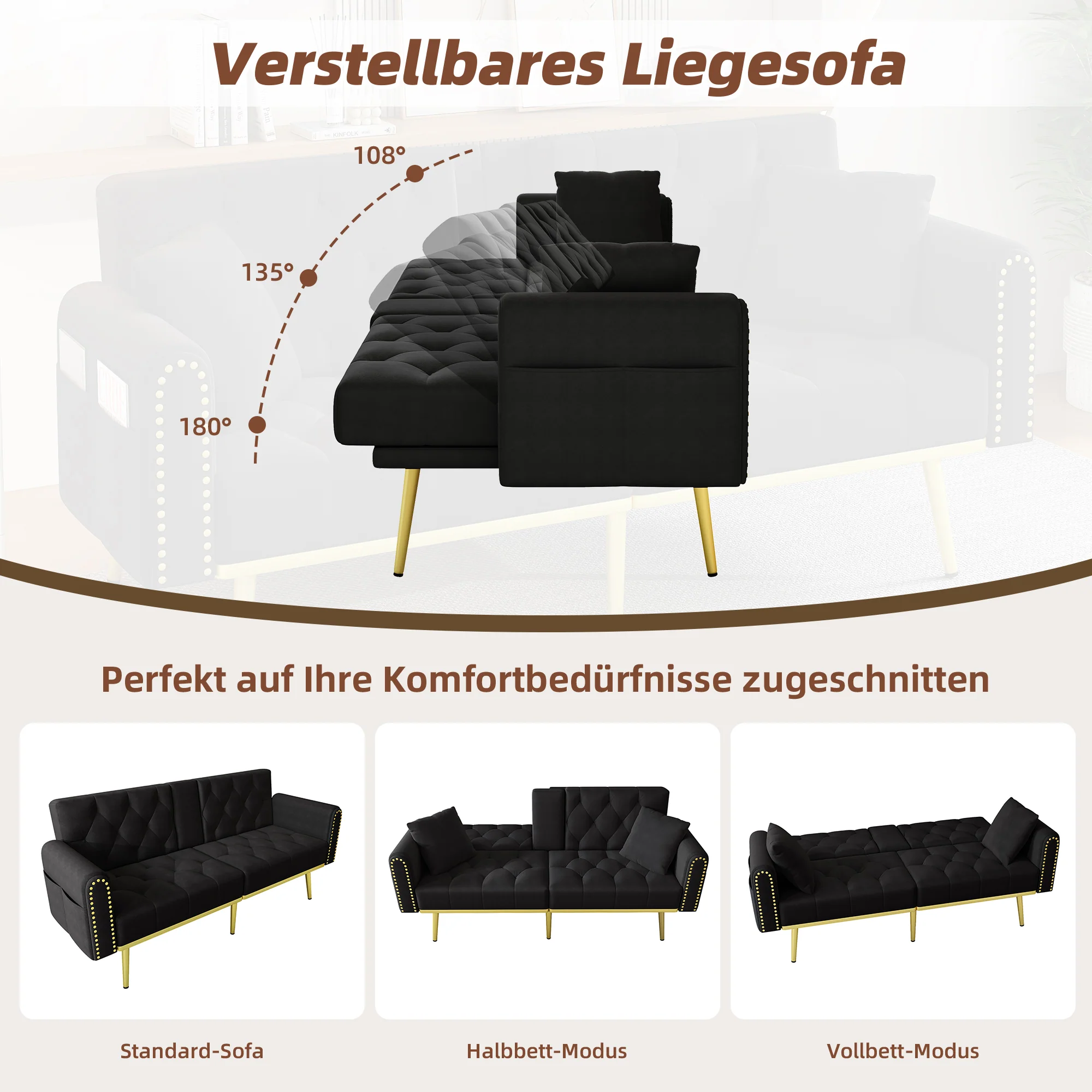Double Sofa Bed Reclining 3 Angles Cup Holders - Fabric Black - Image 4