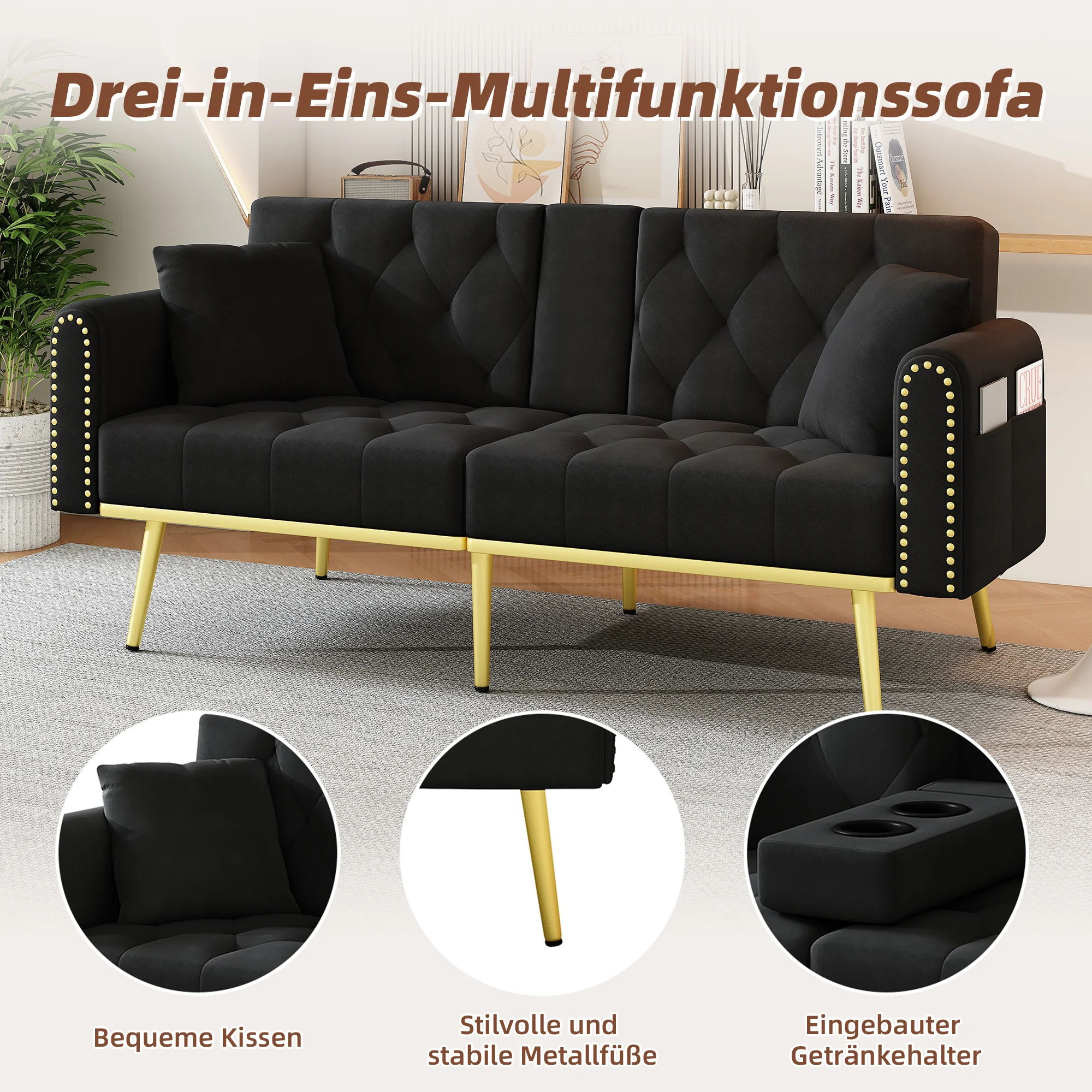 Double Sofa Bed Reclining 3 Angles Cup Holders - Fabric Black - Image 5