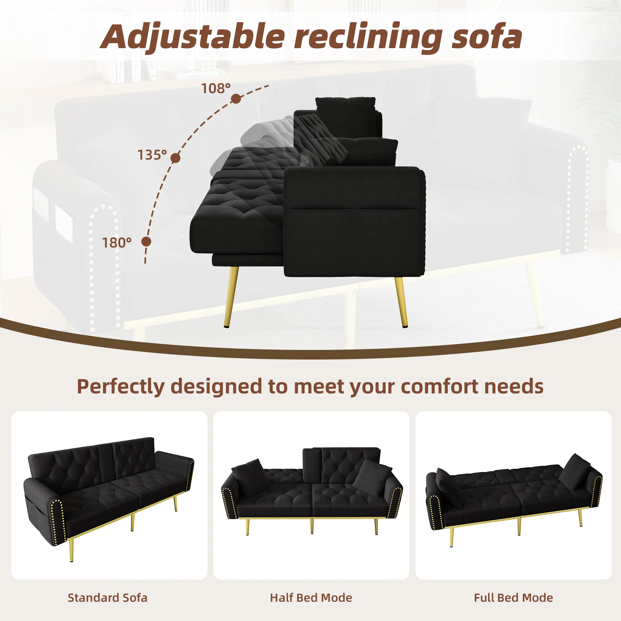 Double Sofa Bed Reclining 3 Angles Cup Holders - Fabric Black - Image 6