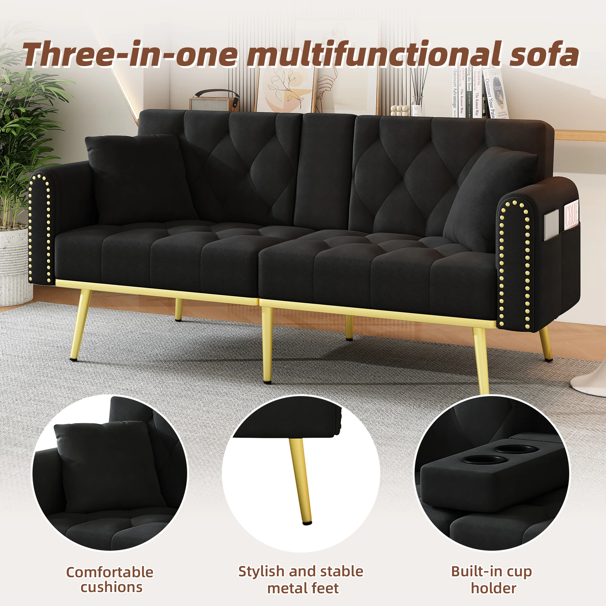 Double Sofa Bed Reclining 3 Angles Cup Holders - Fabric Black - Image 7