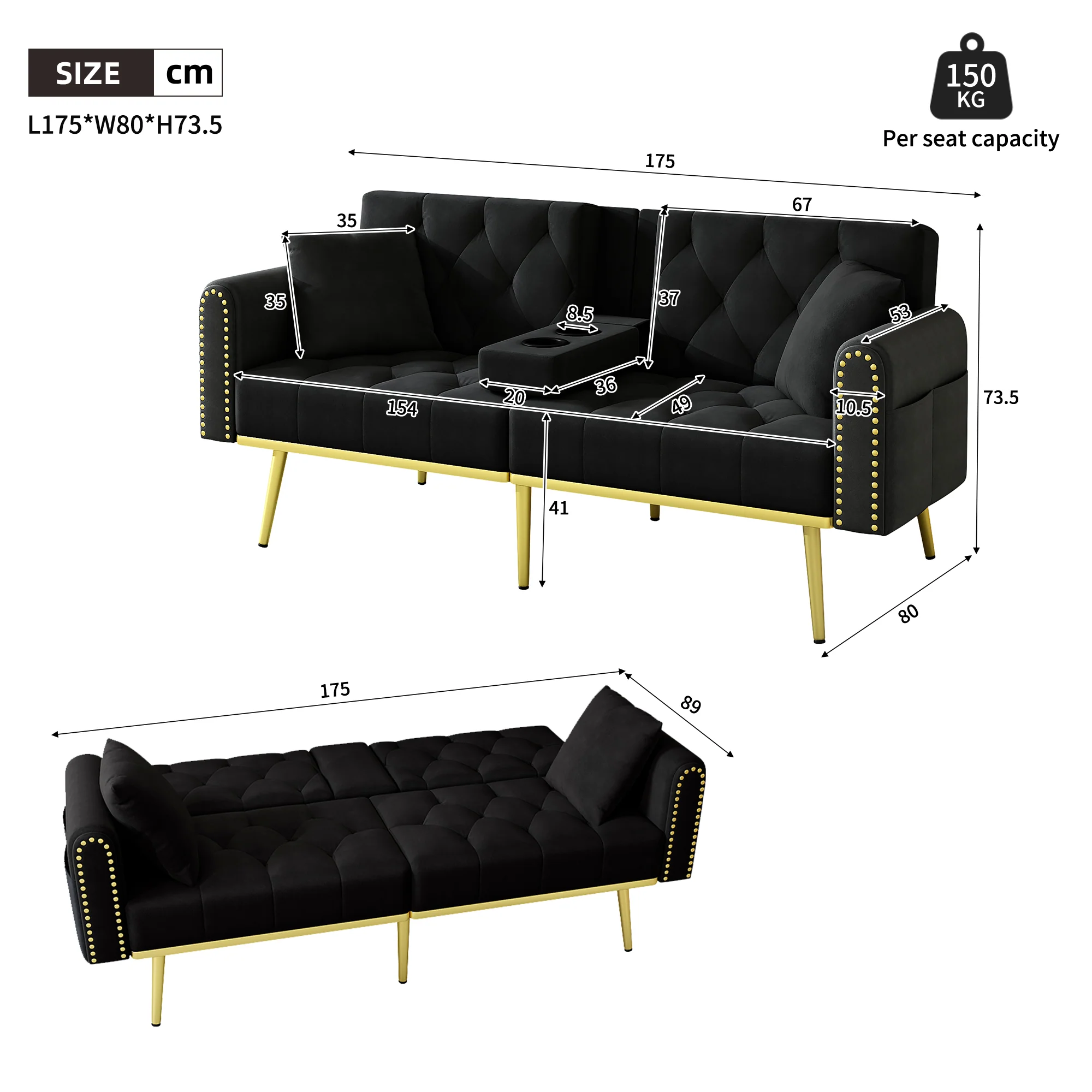Double Sofa Bed Reclining 3 Angles Cup Holders - Fabric Black - Image 8