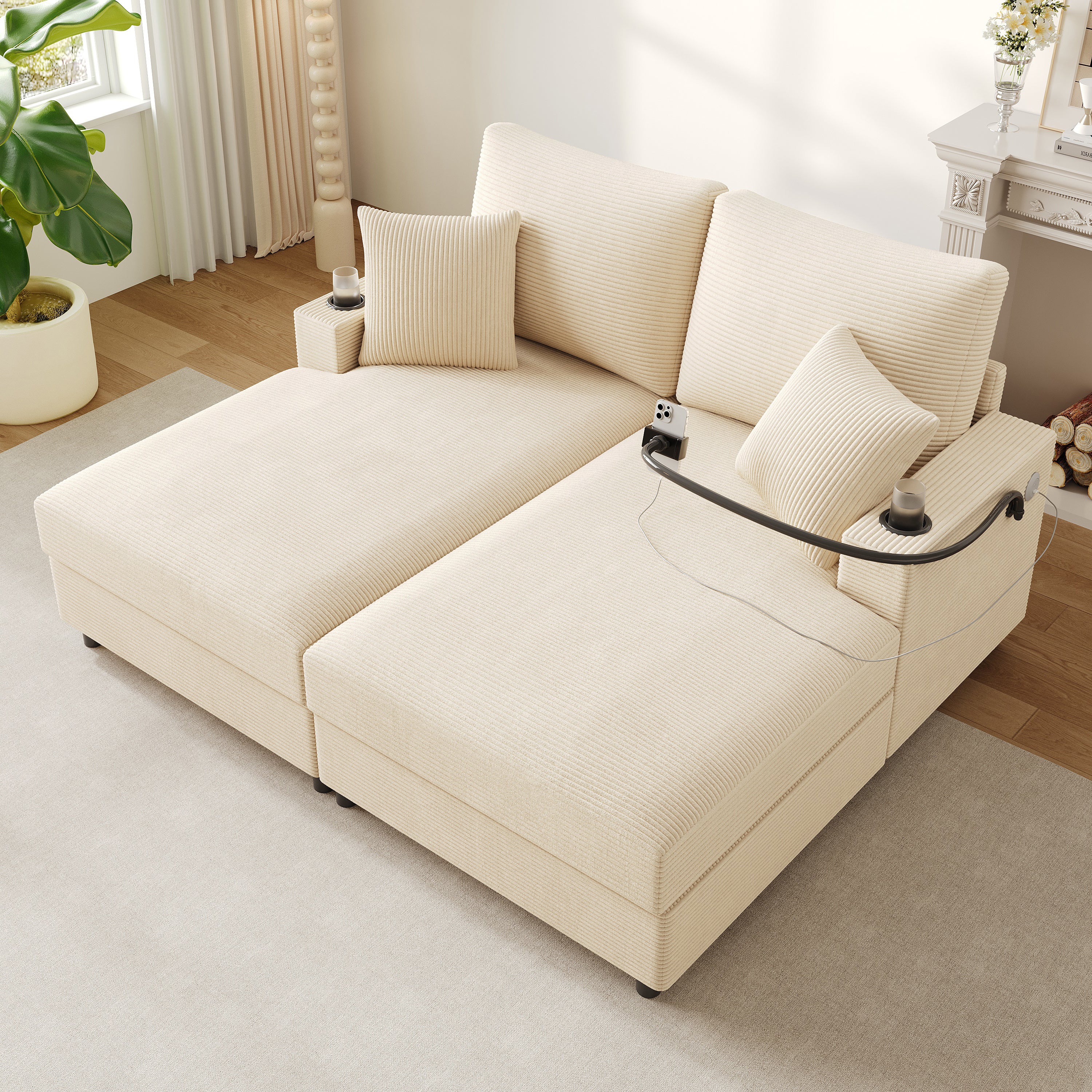 Double Sofa Bed with Sleeping Function, USB Port & Cup Holder - Beige - Image 2