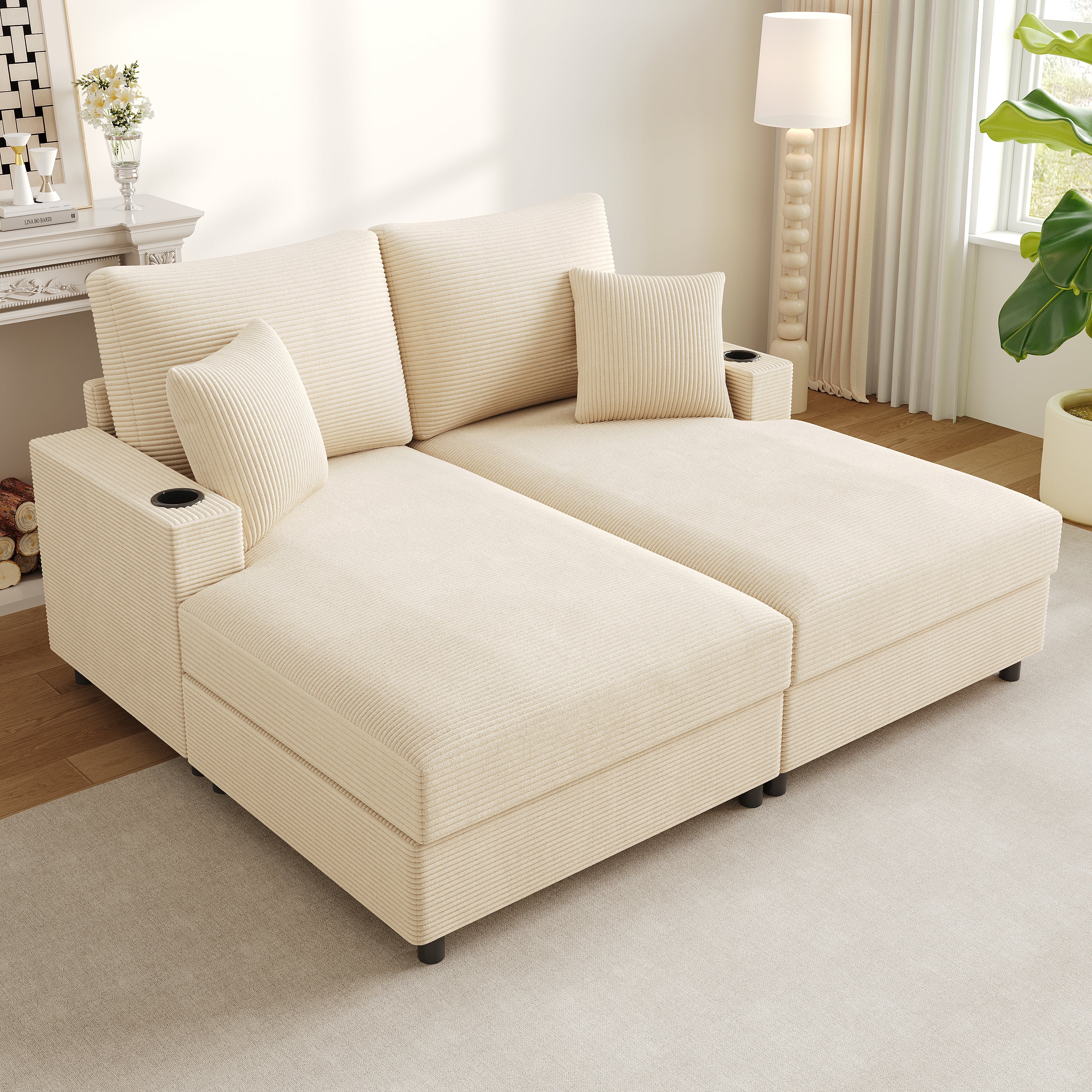 Double Sofa Bed with Sleeping Function, USB Port & Cup Holder - Beige - Image 3
