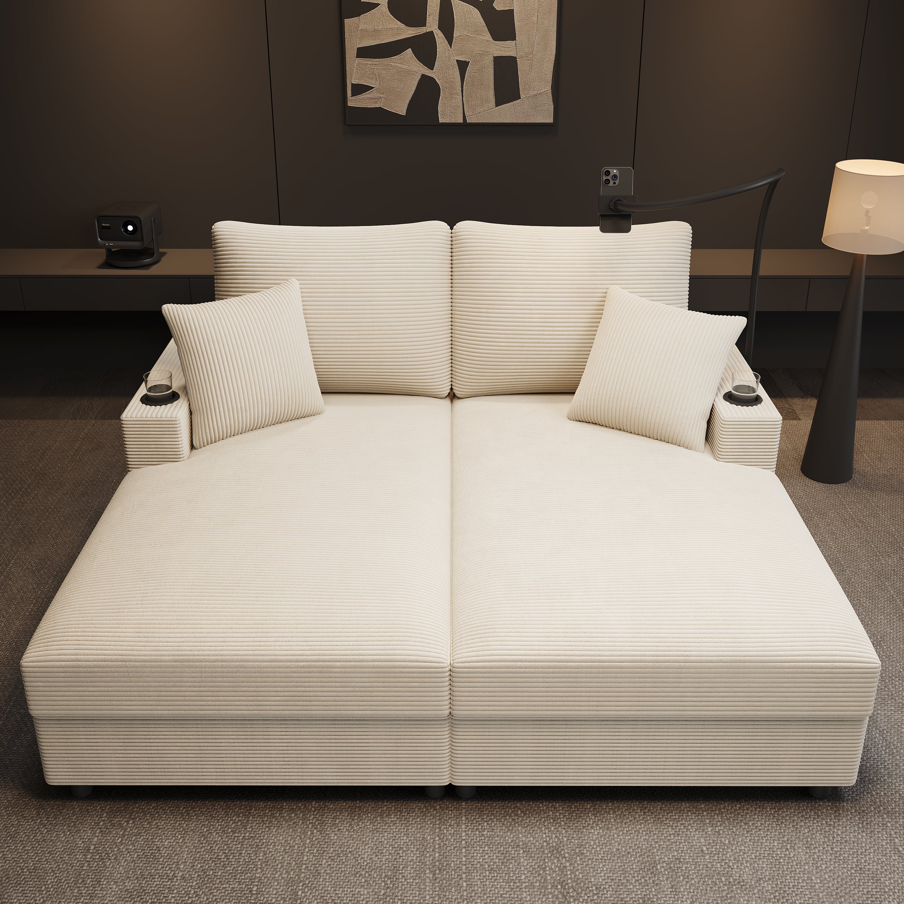 Double Sofa Bed with Sleeping Function, USB Port & Cup Holder - Beige - Image 4