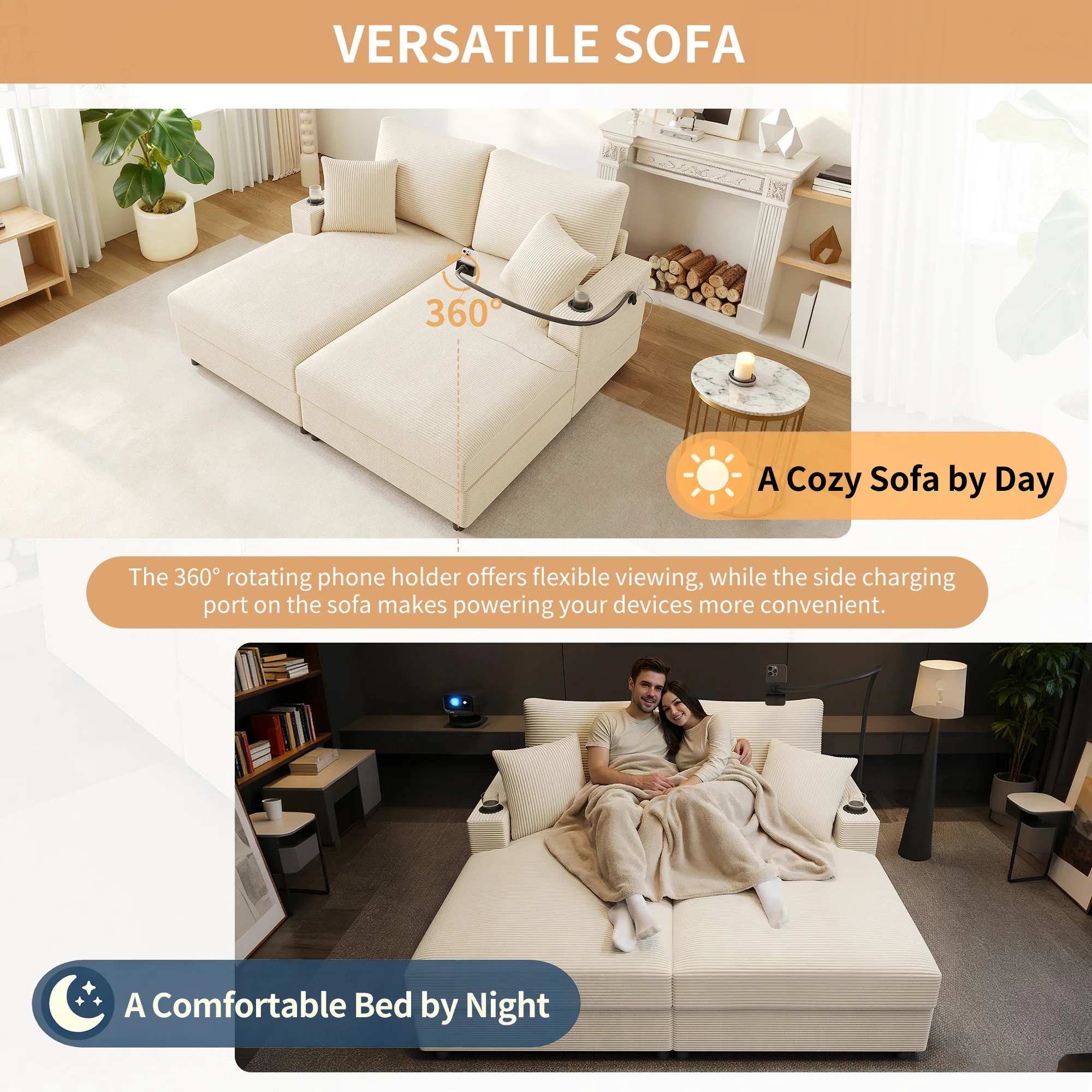 Double Sofa Bed with Sleeping Function, USB Port & Cup Holder - Beige - Image 7