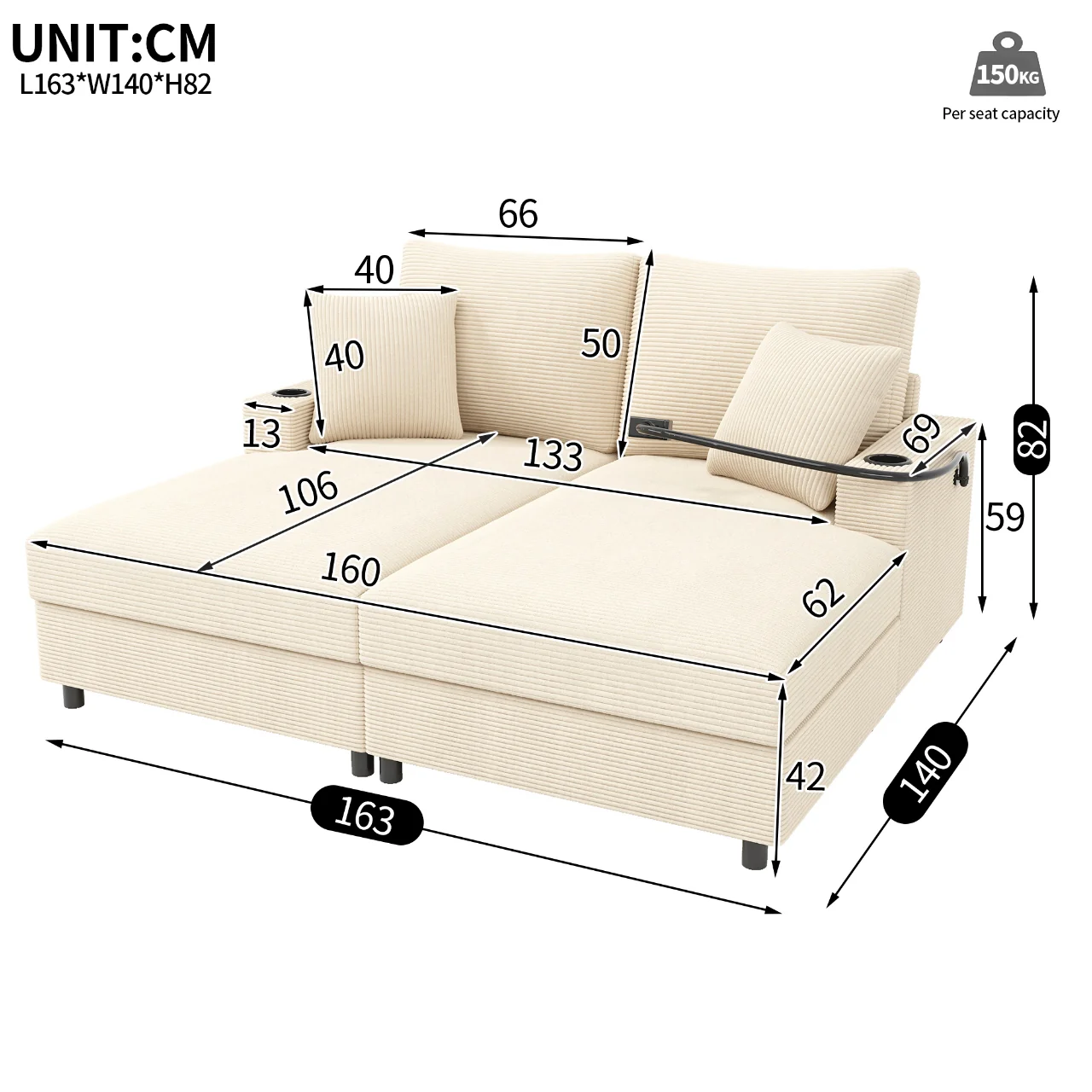 Double Sofa Bed with Sleeping Function, USB Port & Cup Holder - Beige - Image 9