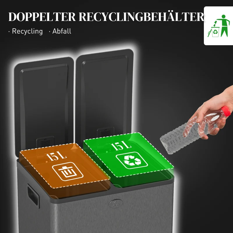 Double Waste Bin 2x15L Pedal Stainless Steel - Black - Image 4