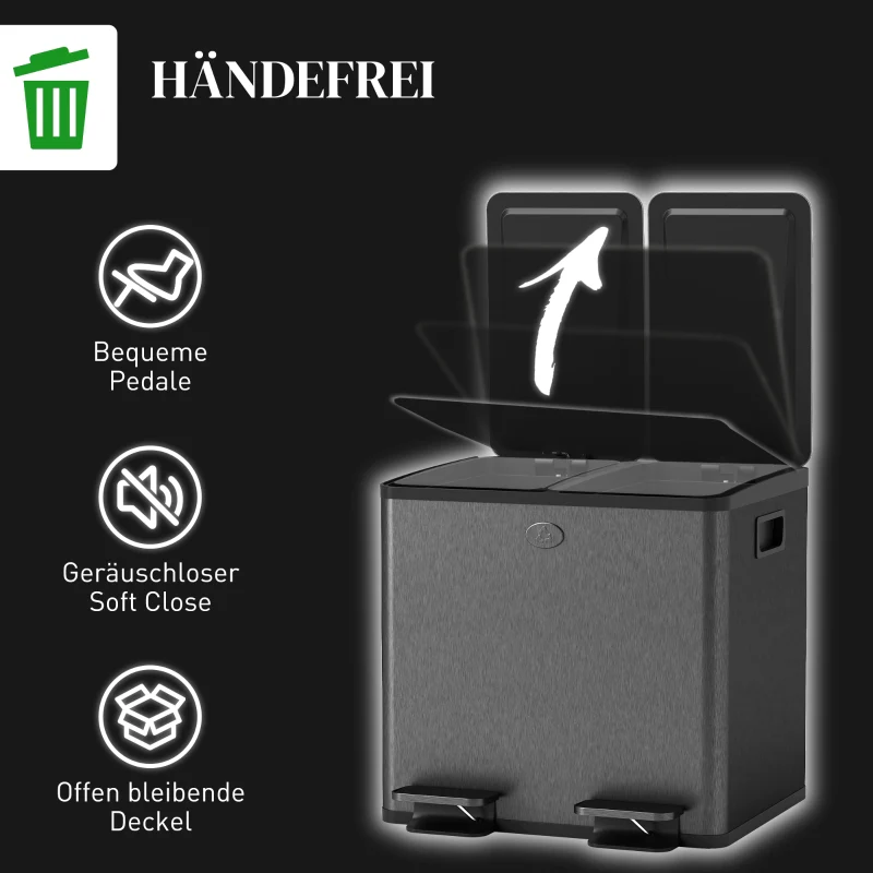 Double Waste Bin 2x15L Pedal Stainless Steel - Black - Image 6