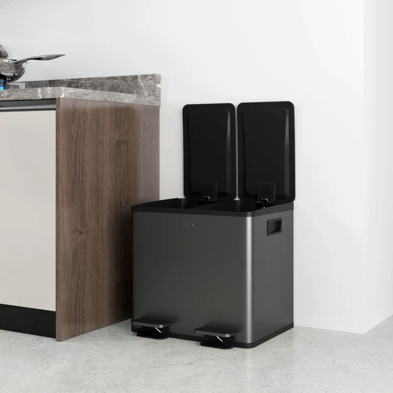 Double Waste Bin 2x15L Pedal Stainless Steel - Black - Image 8