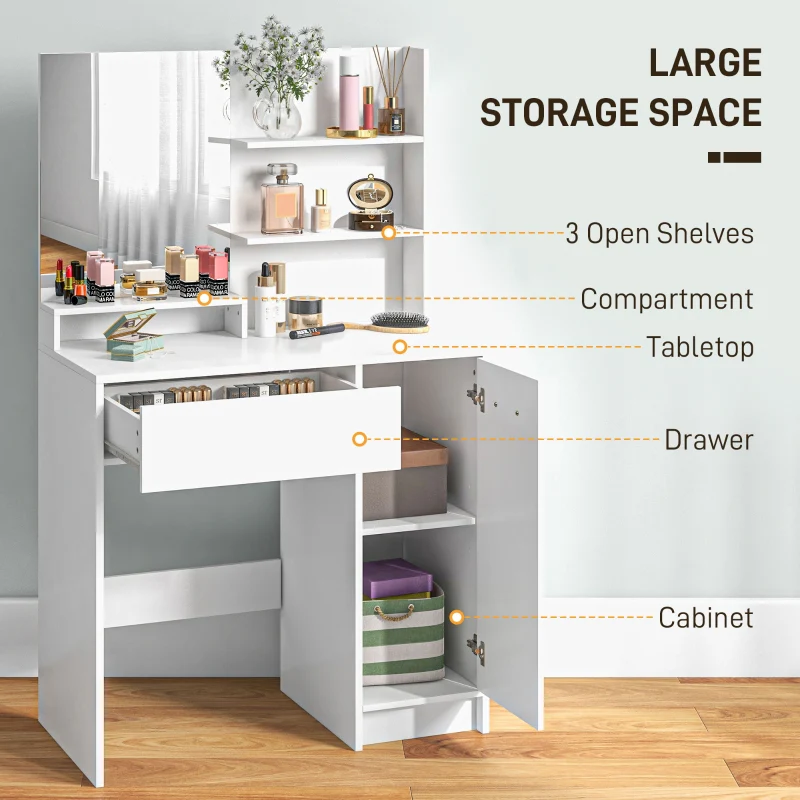 Dressing Table and Stool Set with Storage - White - Image 4