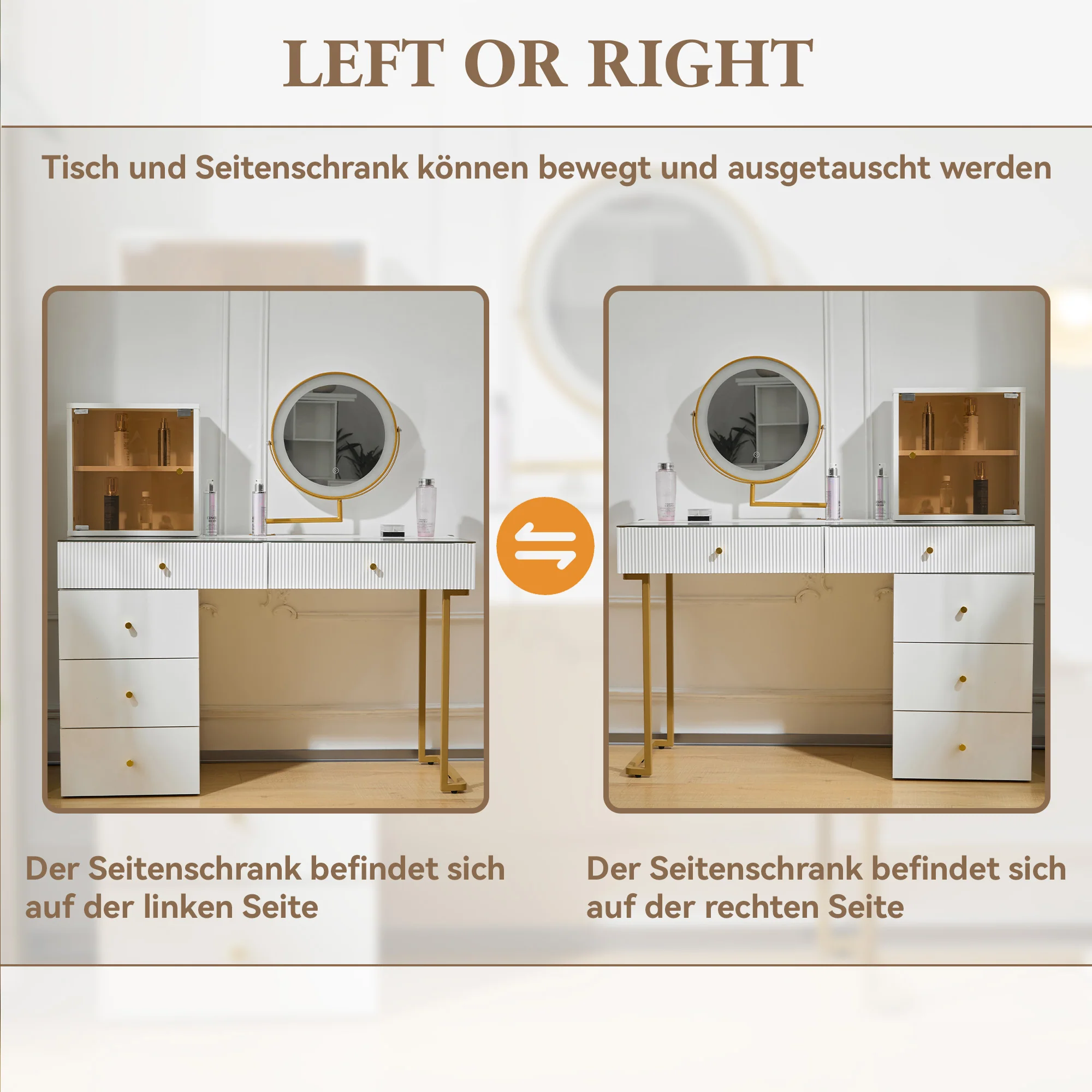 Dressing table set with LED-illuminated mirror, transparent tempered glass tabletop, side cabinet, white - Image 11