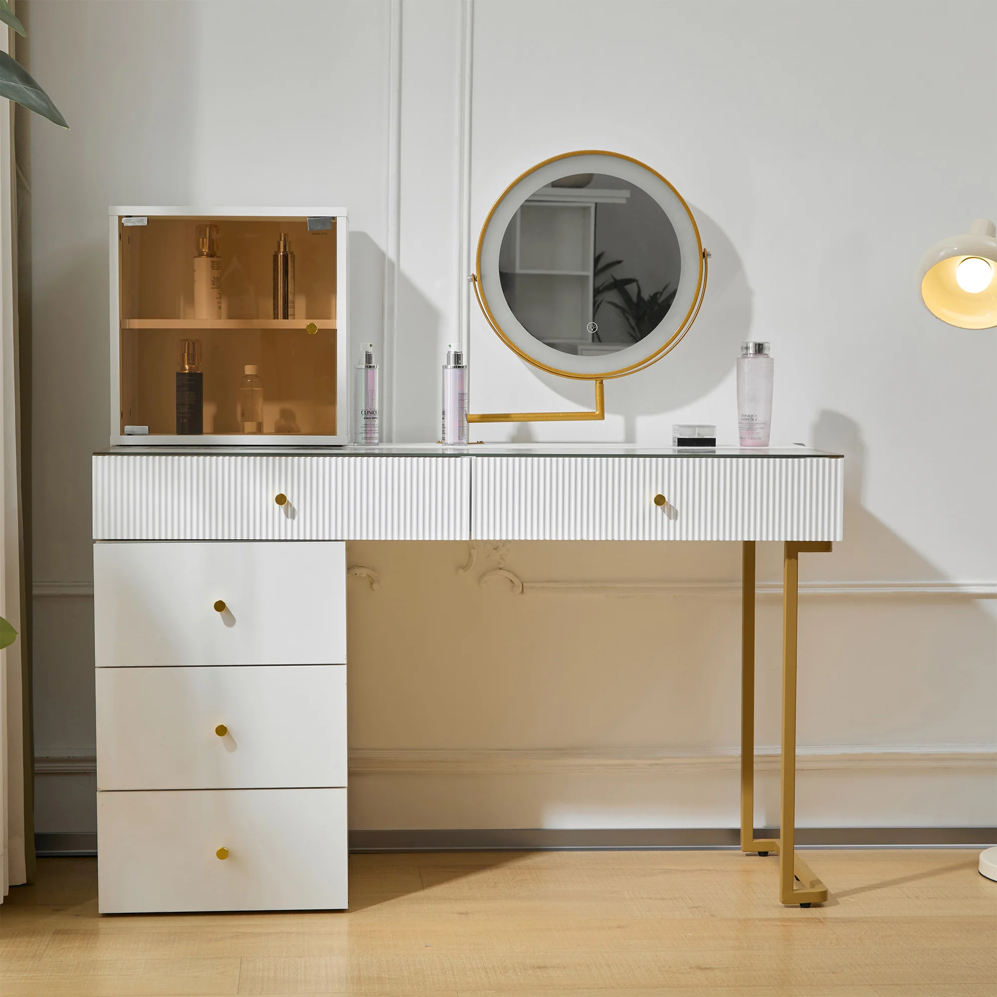 Dressing table set with LED-illuminated mirror, transparent tempered glass tabletop, side cabinet, white - Image 5