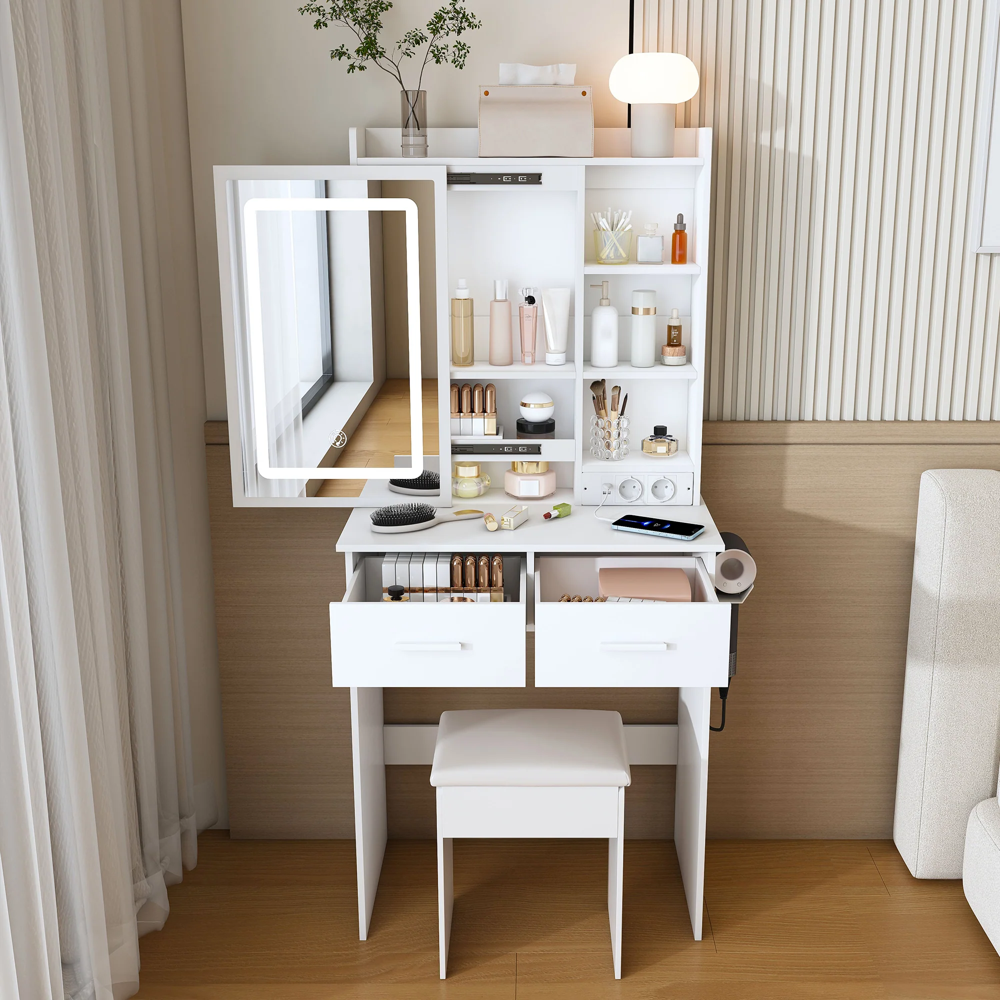 Dressing Table, Small with LED Mirror, Stool, Hidden Storage, White - Image 2