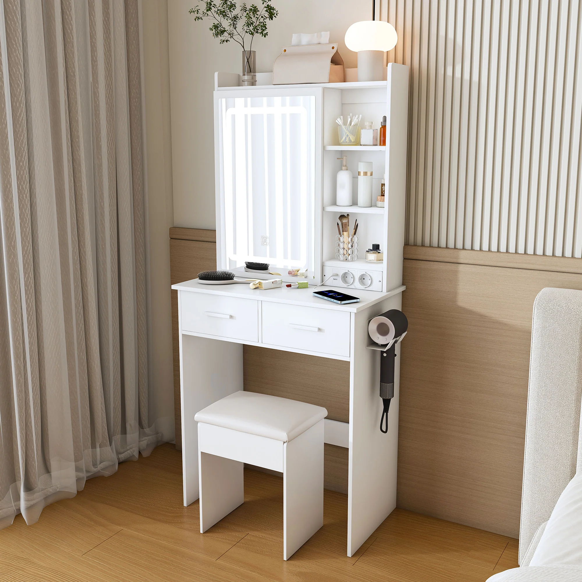 Dressing Table, Small with LED Mirror, Stool, Hidden Storage, White - Image 3