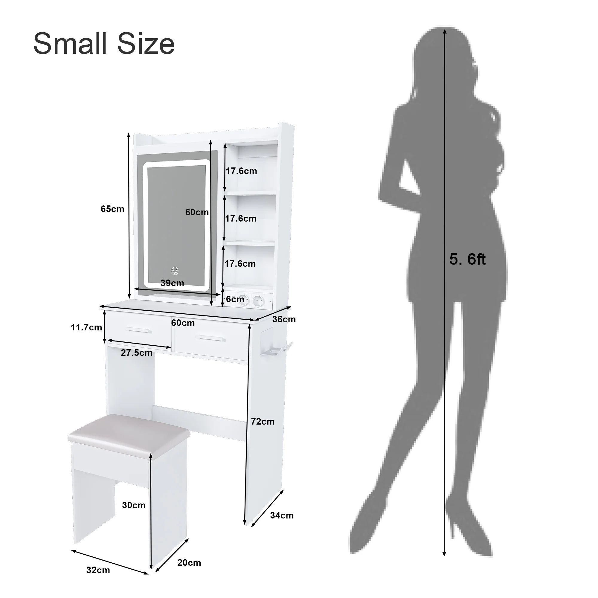 Dressing Table, Small with LED Mirror, Stool, Hidden Storage, White - Image 4