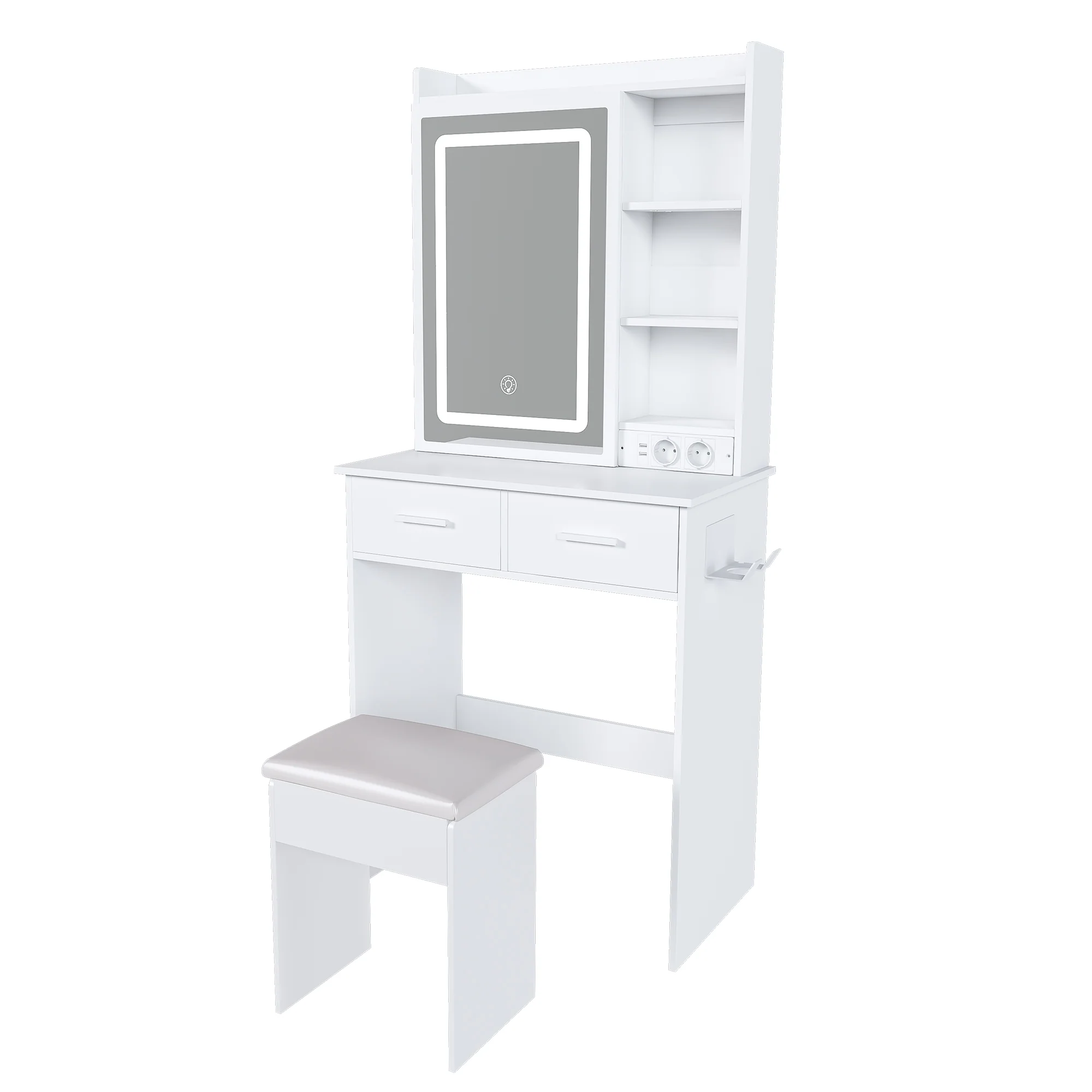 Dressing Table, Small with LED Mirror, Stool, Hidden Storage, White - Image 5