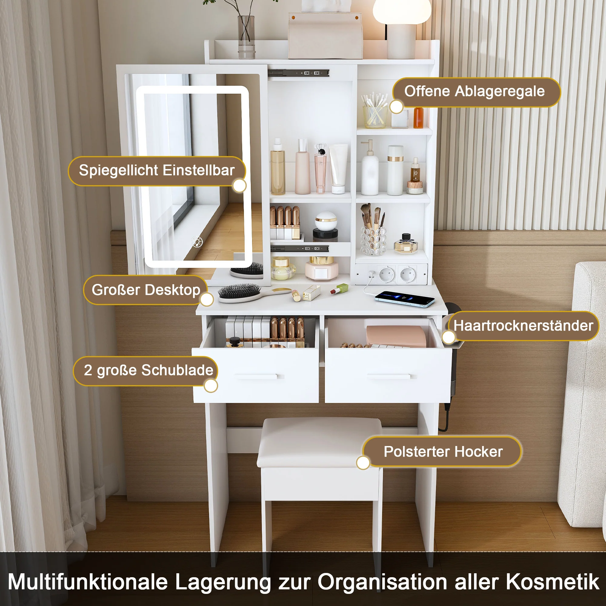 Dressing Table, Small with LED Mirror, Stool, Hidden Storage, White - Image 6