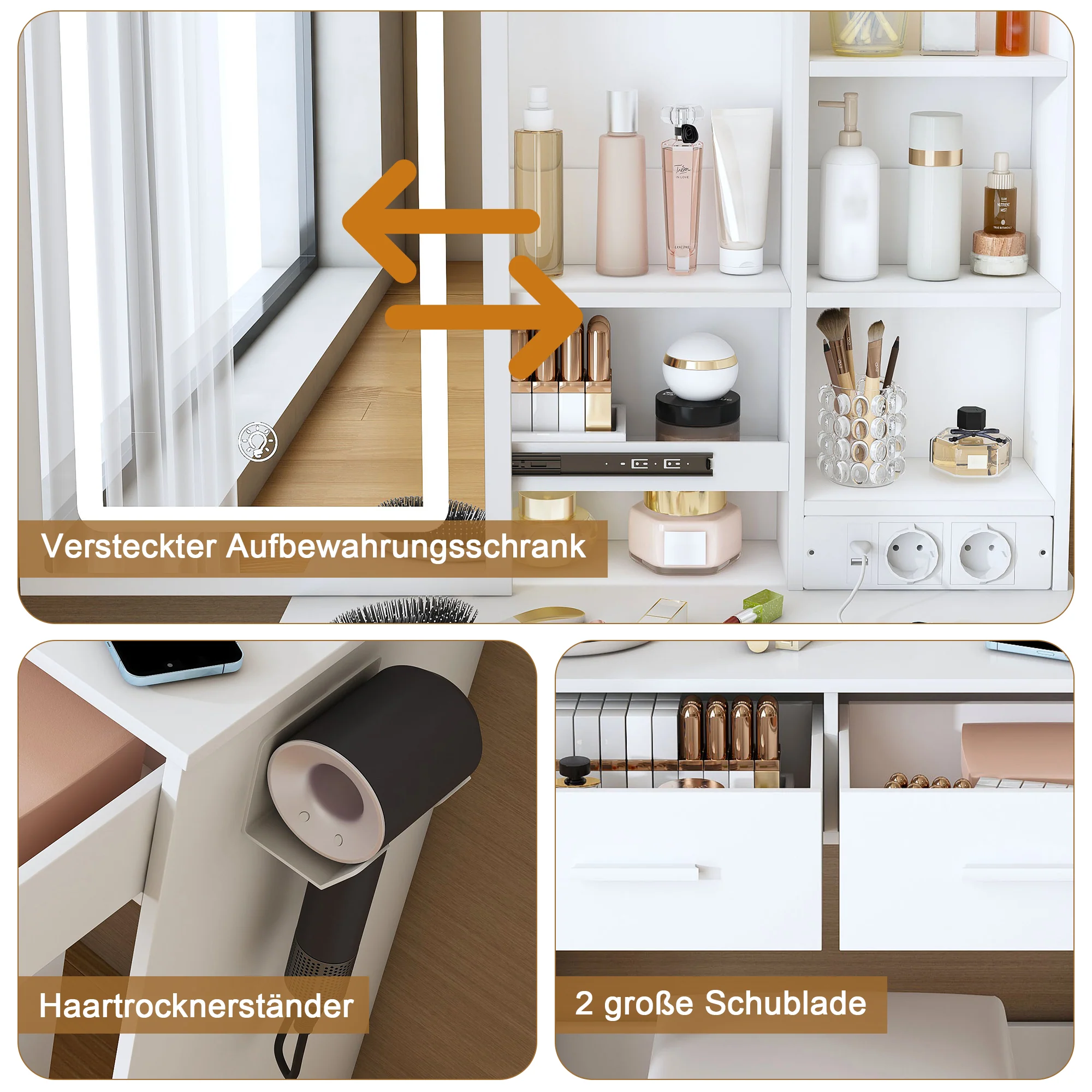 Dressing Table, Small with LED Mirror, Stool, Hidden Storage, White - Image 7