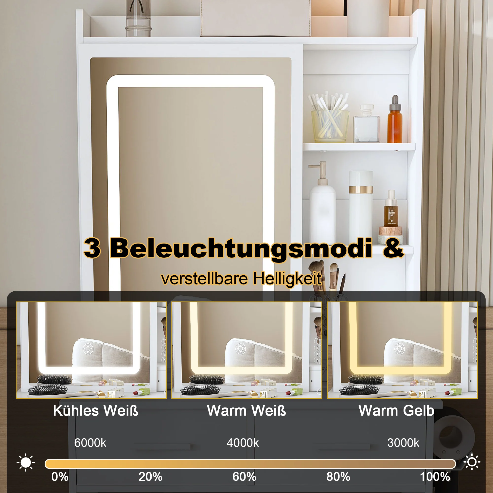 Dressing Table, Small with LED Mirror, Stool, Hidden Storage, White - Image 8