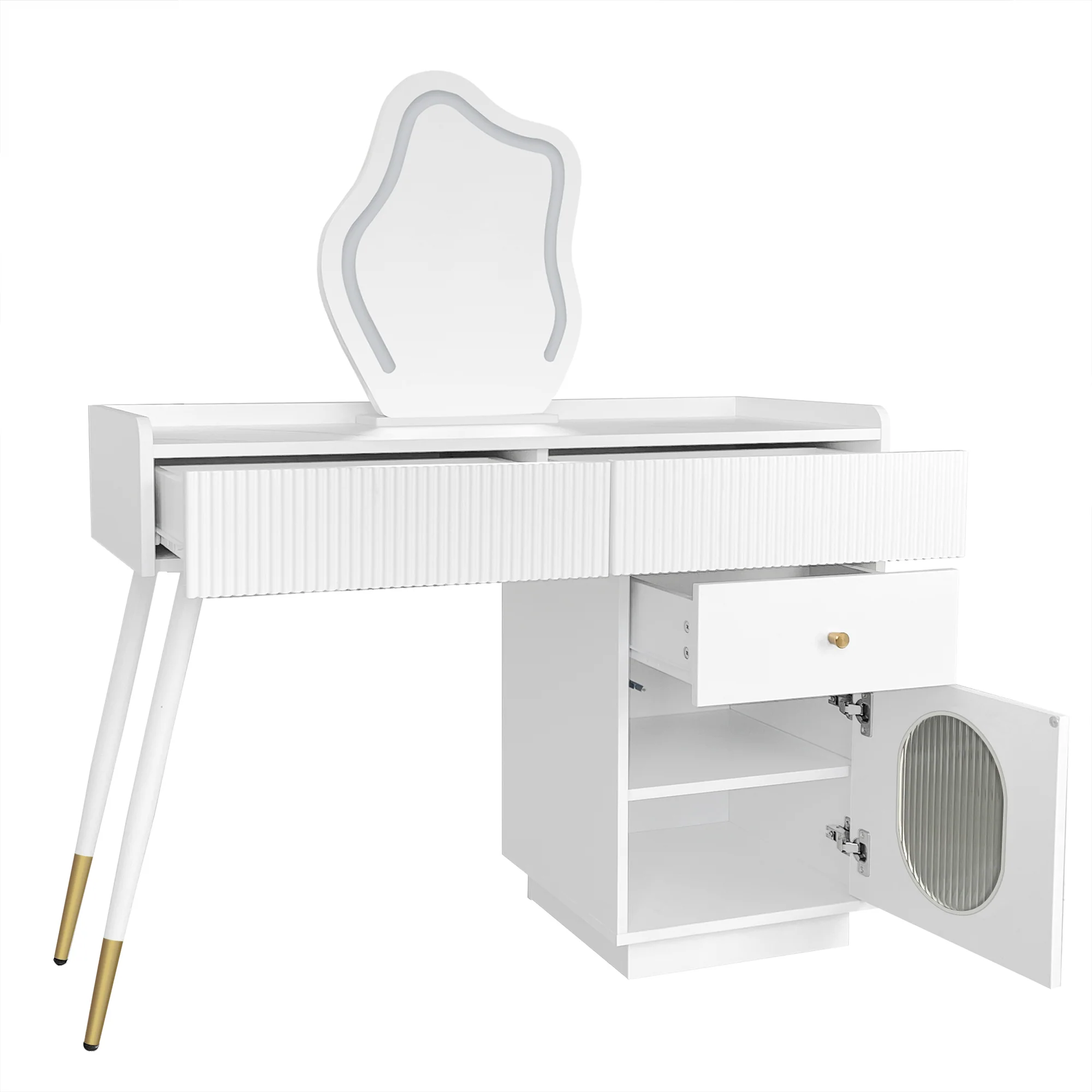 Dressing table with LED mirror and lighting, 3 drawers 1 door, white - Image 11