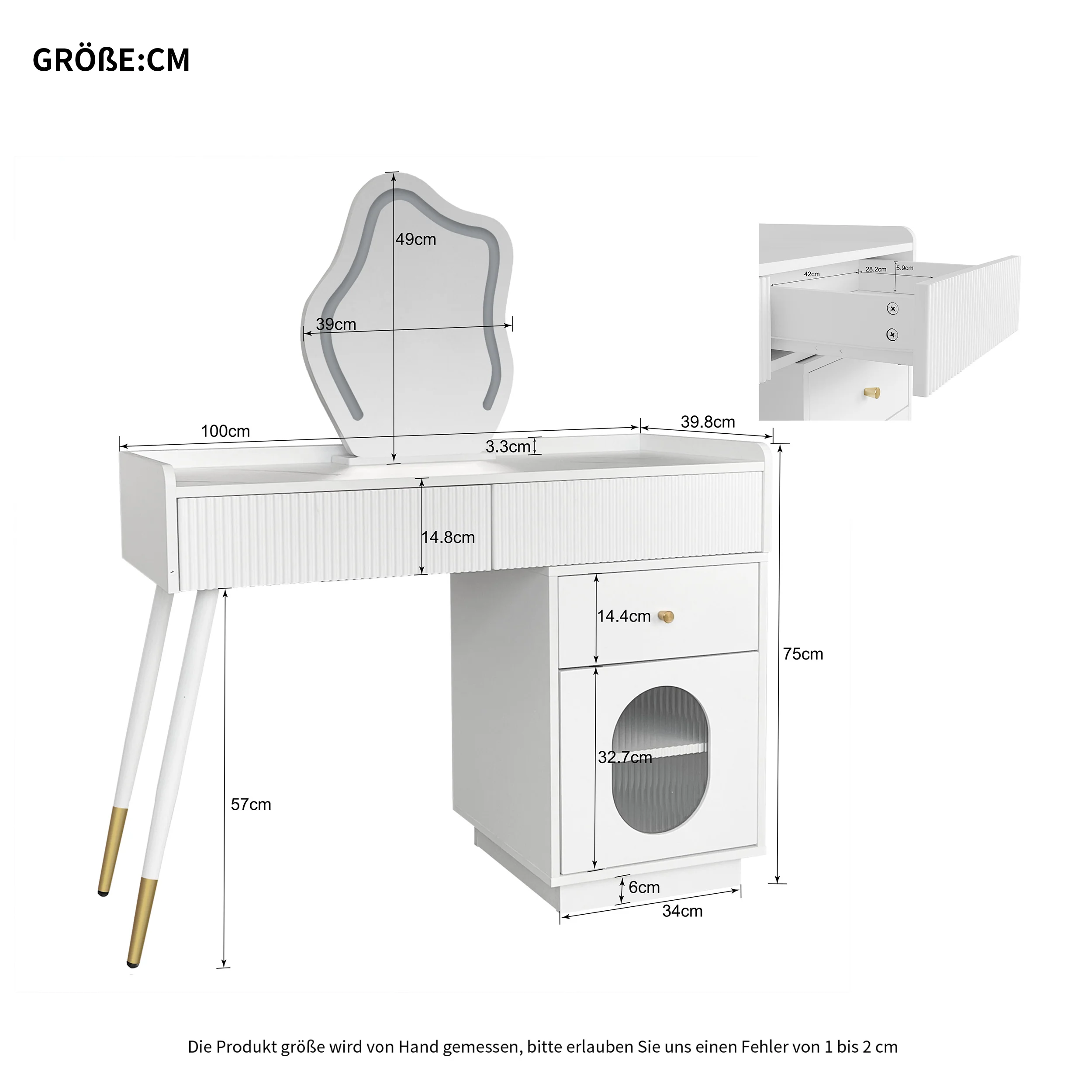 Dressing table with LED mirror and lighting, 3 drawers 1 door, white - Image 12