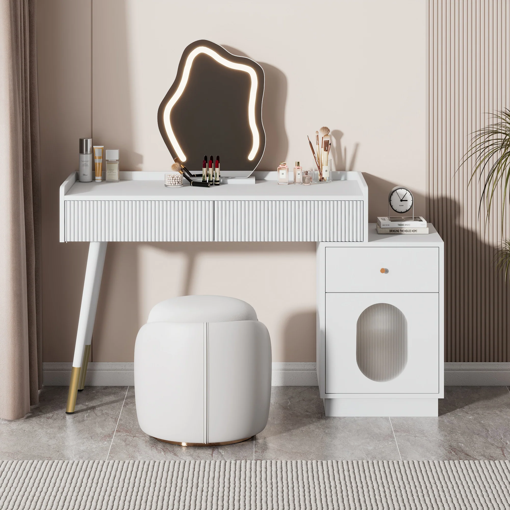 Dressing table with LED mirror and lighting, 3 drawers 1 door, white - Image 2