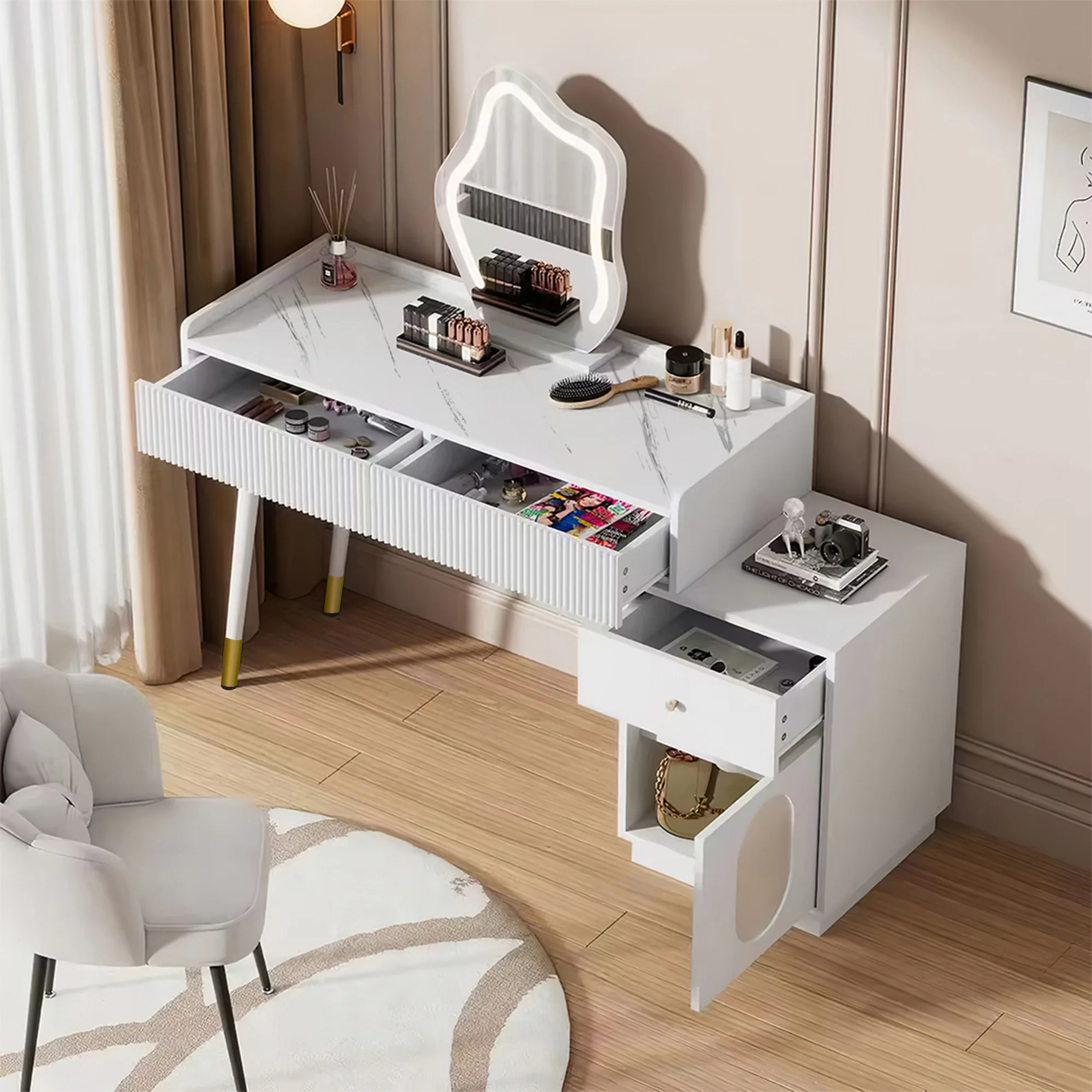 Dressing table with LED mirror and lighting, 3 drawers 1 door, white - Image 3