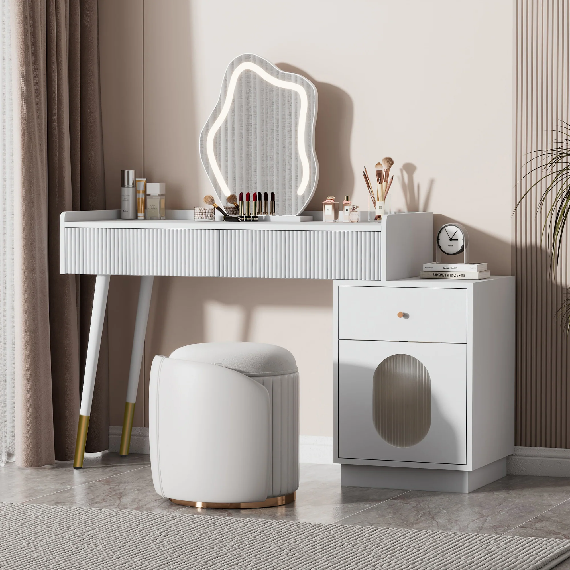 Dressing table with LED mirror and lighting, 3 drawers 1 door, white - Image 4
