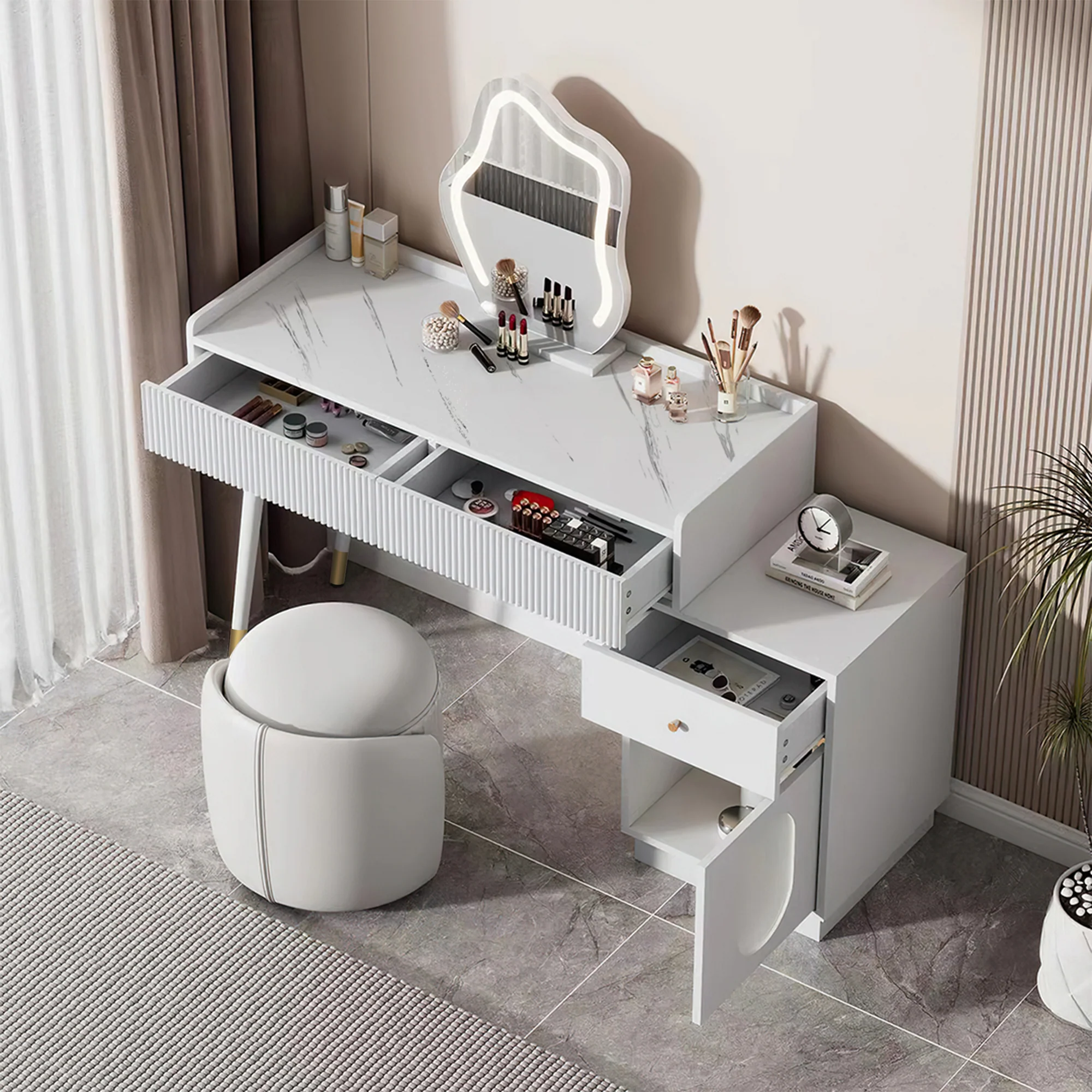 Dressing table with LED mirror and lighting, 3 drawers 1 door, white - Image 5