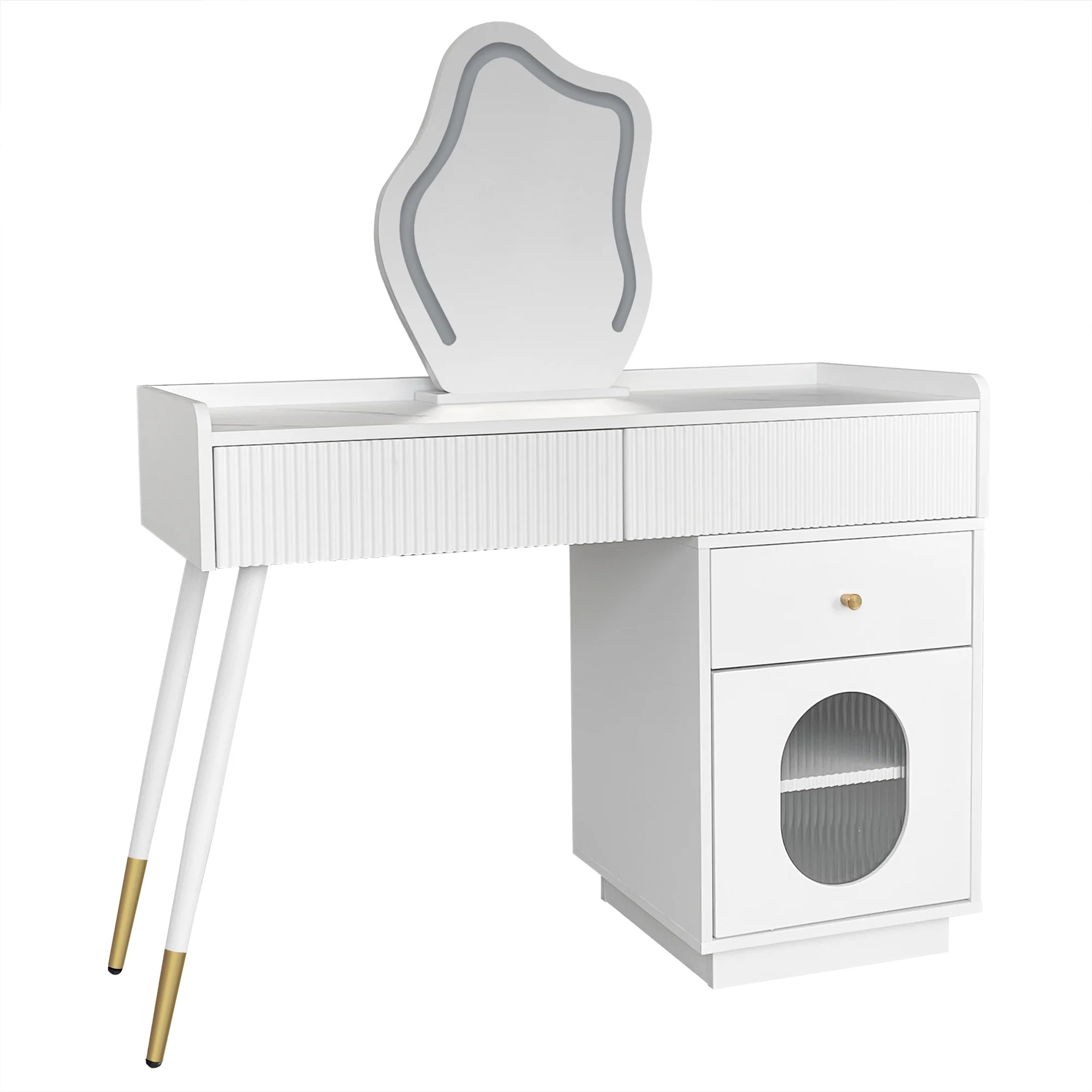 Dressing table with LED mirror and lighting, 3 drawers 1 door, white - Image 6